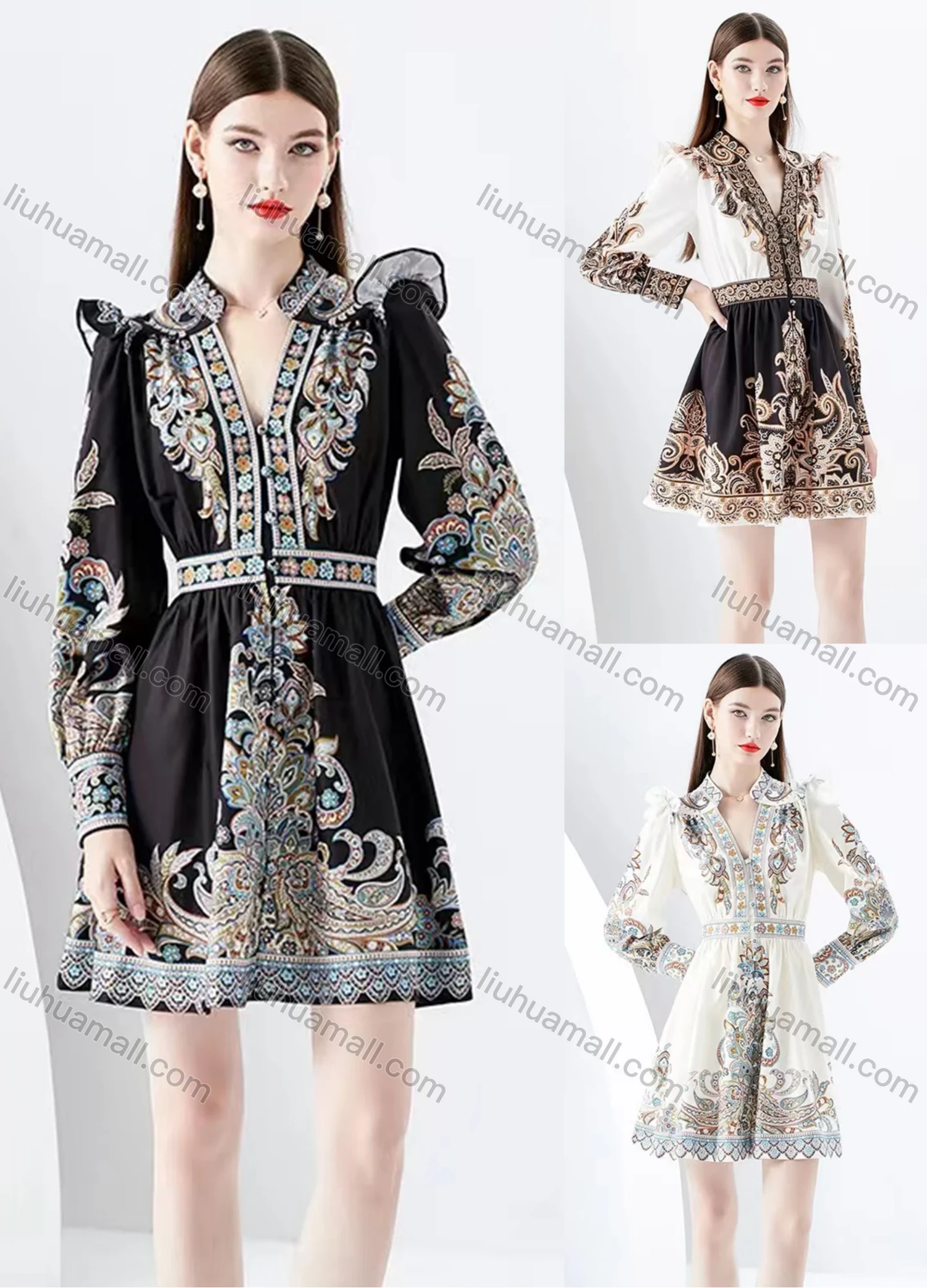 Wholesale Women's Elegant Notched Button Down Folk Art Print Short Dress - Liuhuamall