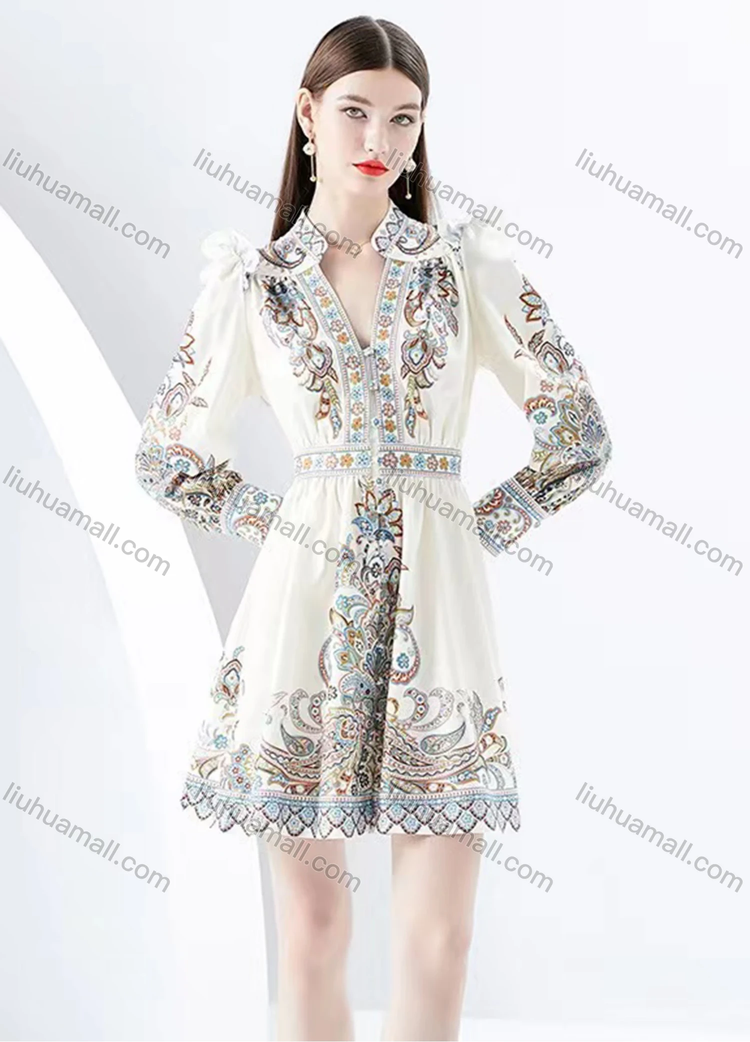Wholesale Women's Elegant Notched Button Down Folk Art Print Short Dress - Liuhuamall