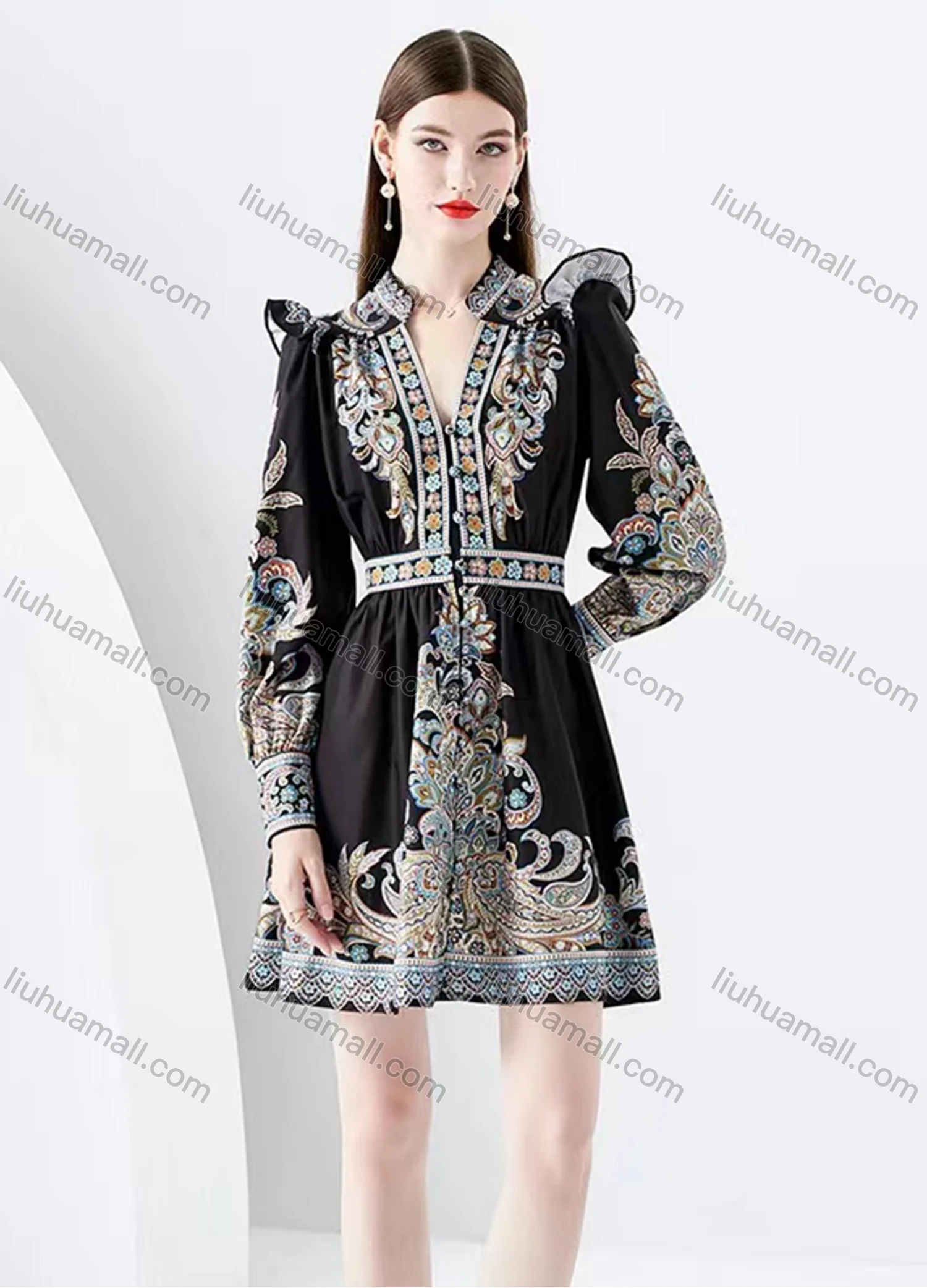Wholesale Women's Elegant Notched Button Down Folk Art Print Short Dress - Liuhuamall