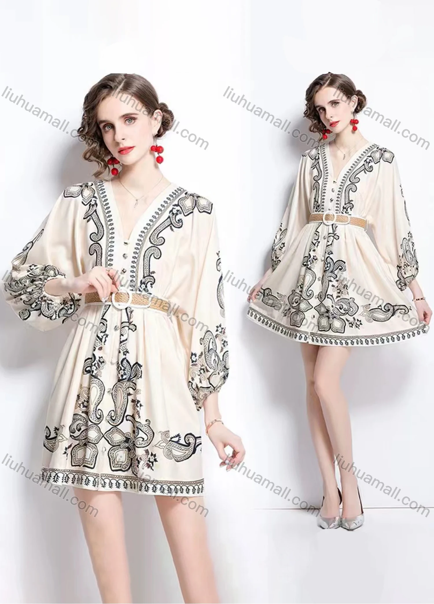 Wholesale Women's Elegant V Neck Embroidery Floral Print High Waist 3/4 Sleeve Short Dress With Belt - Liuhuamall