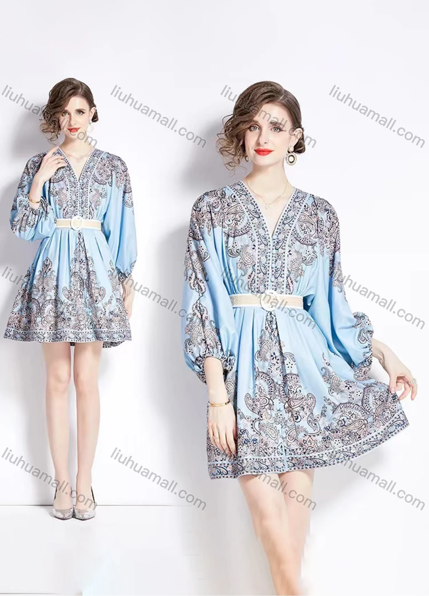 Wholesale Women's Elegant V Neck Embroidery Floral Print High Waist 3/4 Sleeve Short Dress With Belt - Liuhuamall