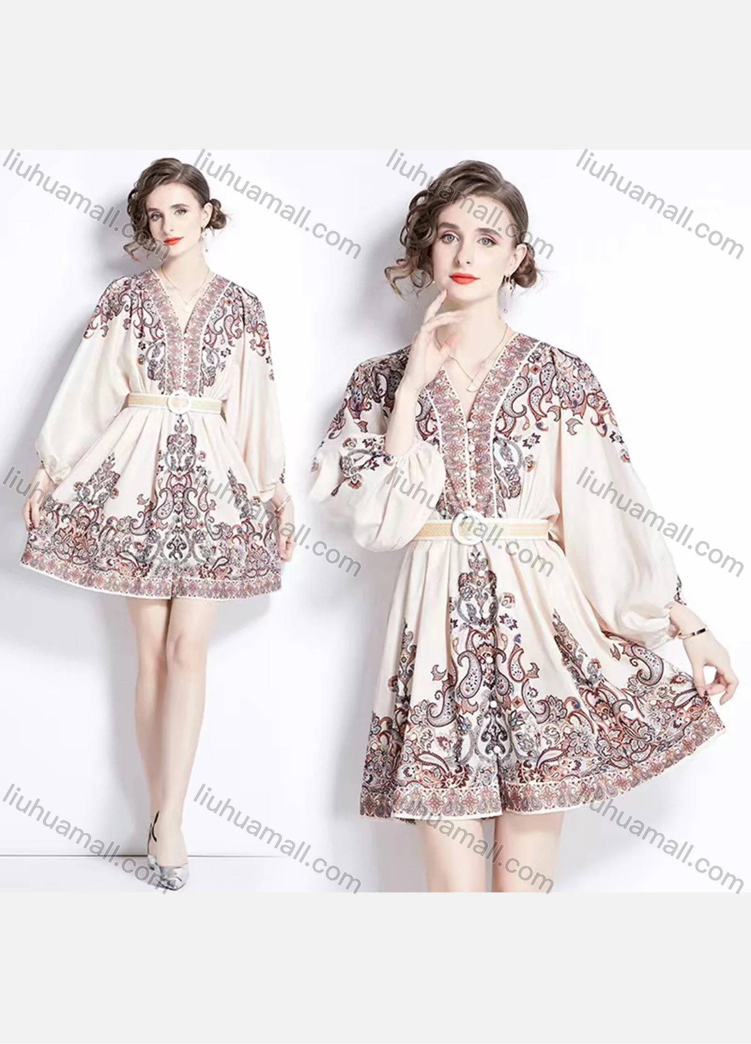 Wholesale Women's Elegant V Neck Embroidery Floral Print High Waist 3/4 Sleeve Short Dress With Belt - Liuhuamall