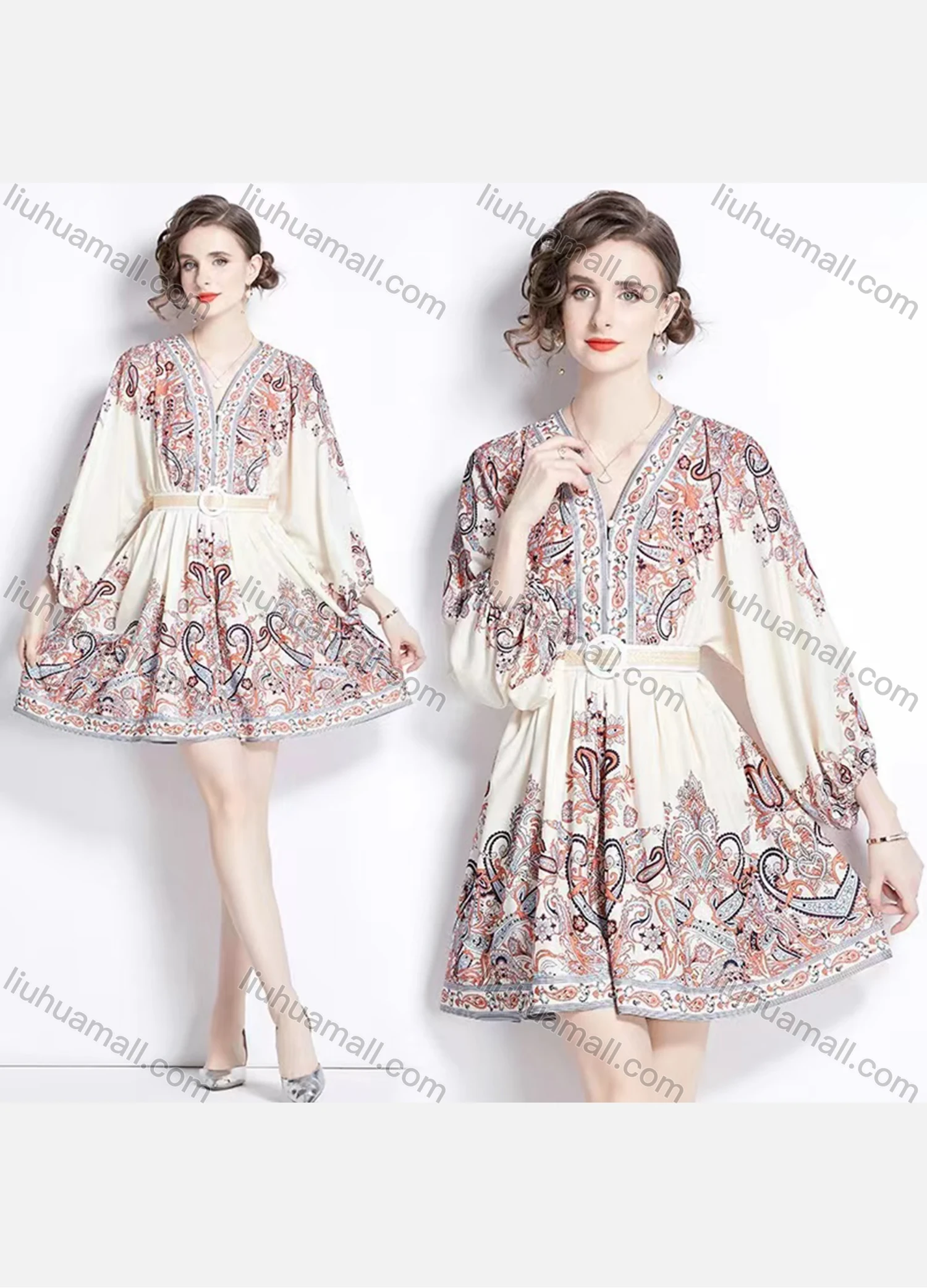 Wholesale Women's Elegant V Neck Embroidery Floral Print High Waist 3/4 Sleeve Short Dress With Belt - Liuhuamall