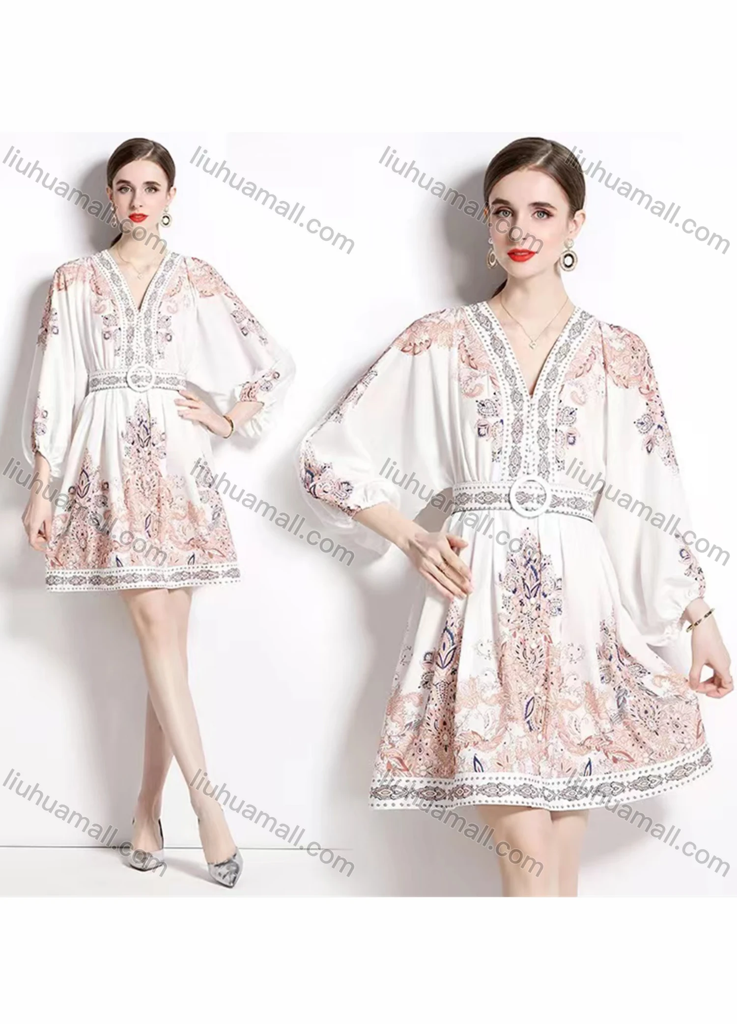 Wholesale Women's Elegant V Neck Embroidery Floral Print High Waist 3/4 Sleeve Short Dress With Belt - Liuhuamall