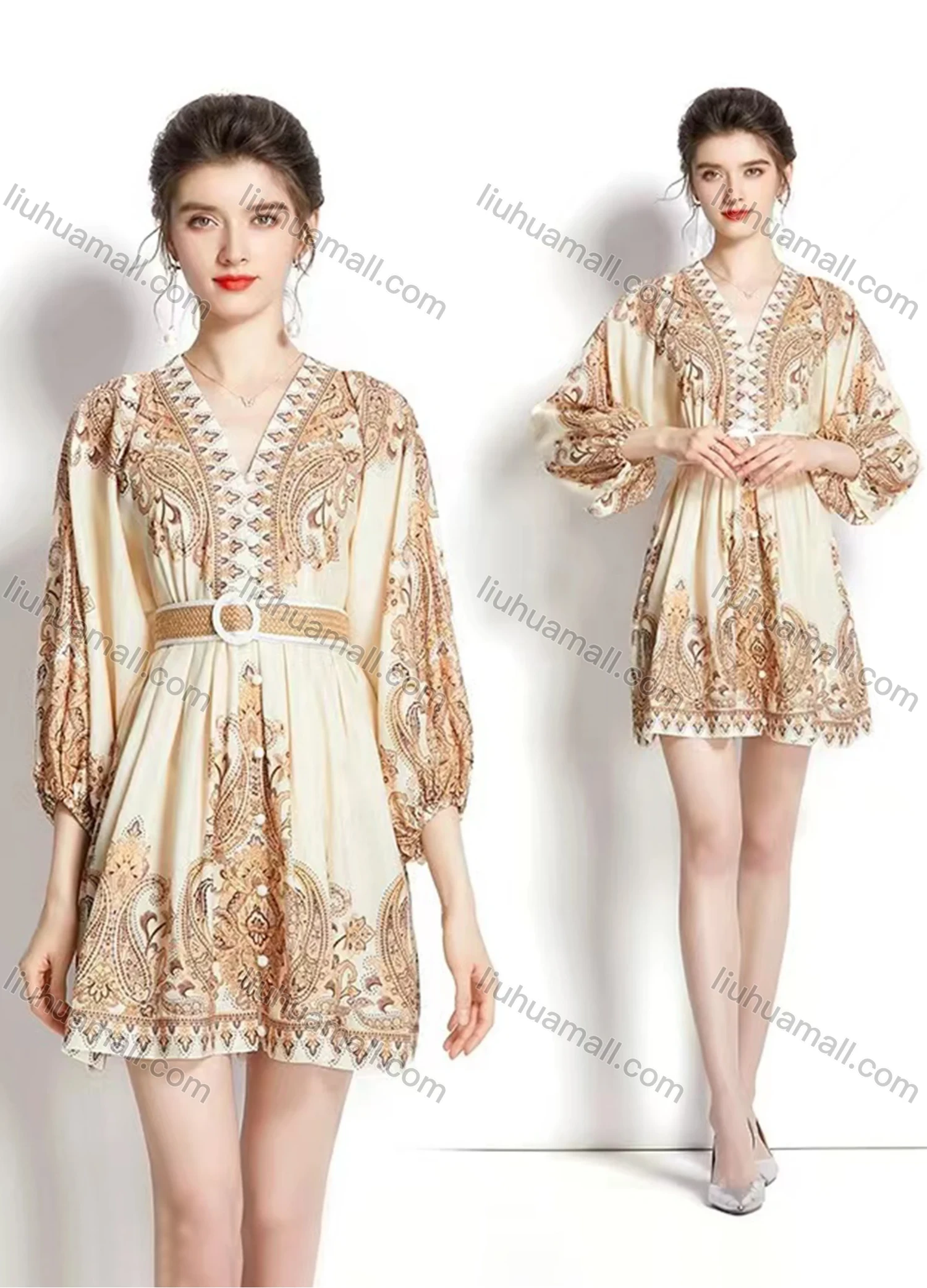 Wholesale Women's Elegant V Neck Embroidery Floral Print High Waist 3/4 Sleeve Short Dress With Belt - Liuhuamall