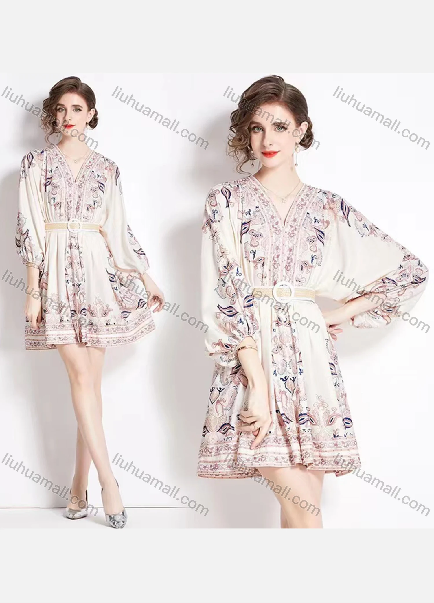 Wholesale Women's Elegant V Neck Embroidery Floral Print High Waist 3/4 Sleeve Short Dress With Belt - Liuhuamall