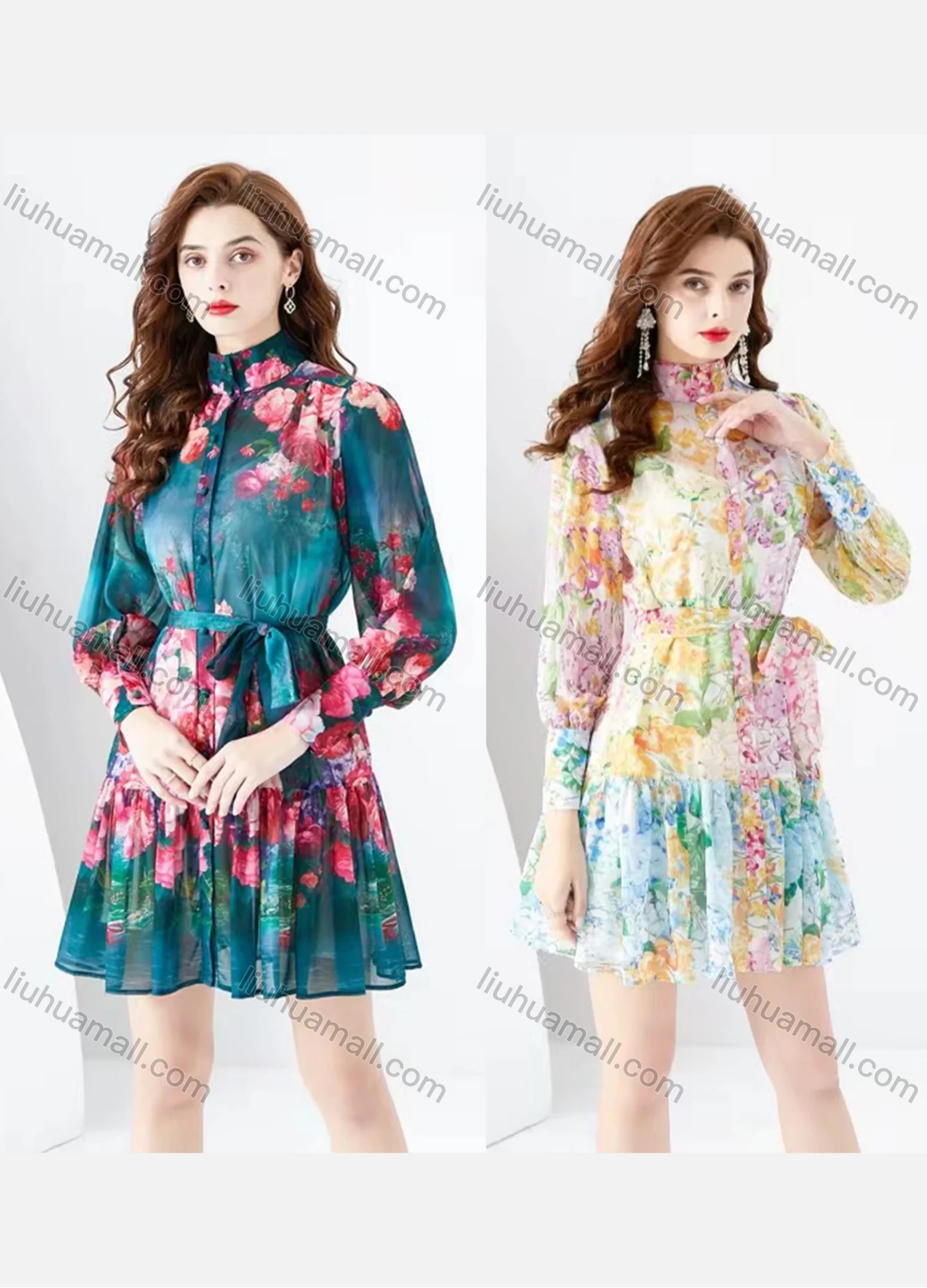 Wholesale Women's Elegant Stand Collar Floral Print High Waist Long Sleeve Short Shirt Dress - Liuhuamall