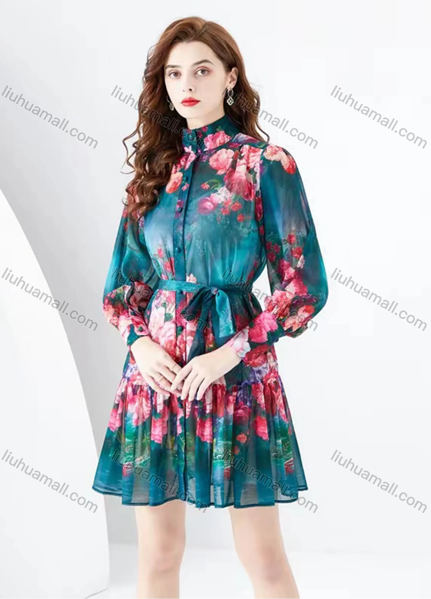 Wholesale Women's Elegant Stand Collar Floral Print High Waist Long Sleeve Short Shirt Dress - Liuhuamall