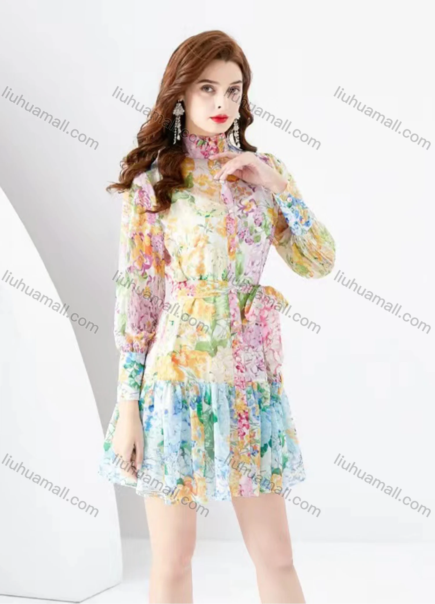 Wholesale Women's Elegant Stand Collar Floral Print High Waist Long Sleeve Short Shirt Dress - Liuhuamall