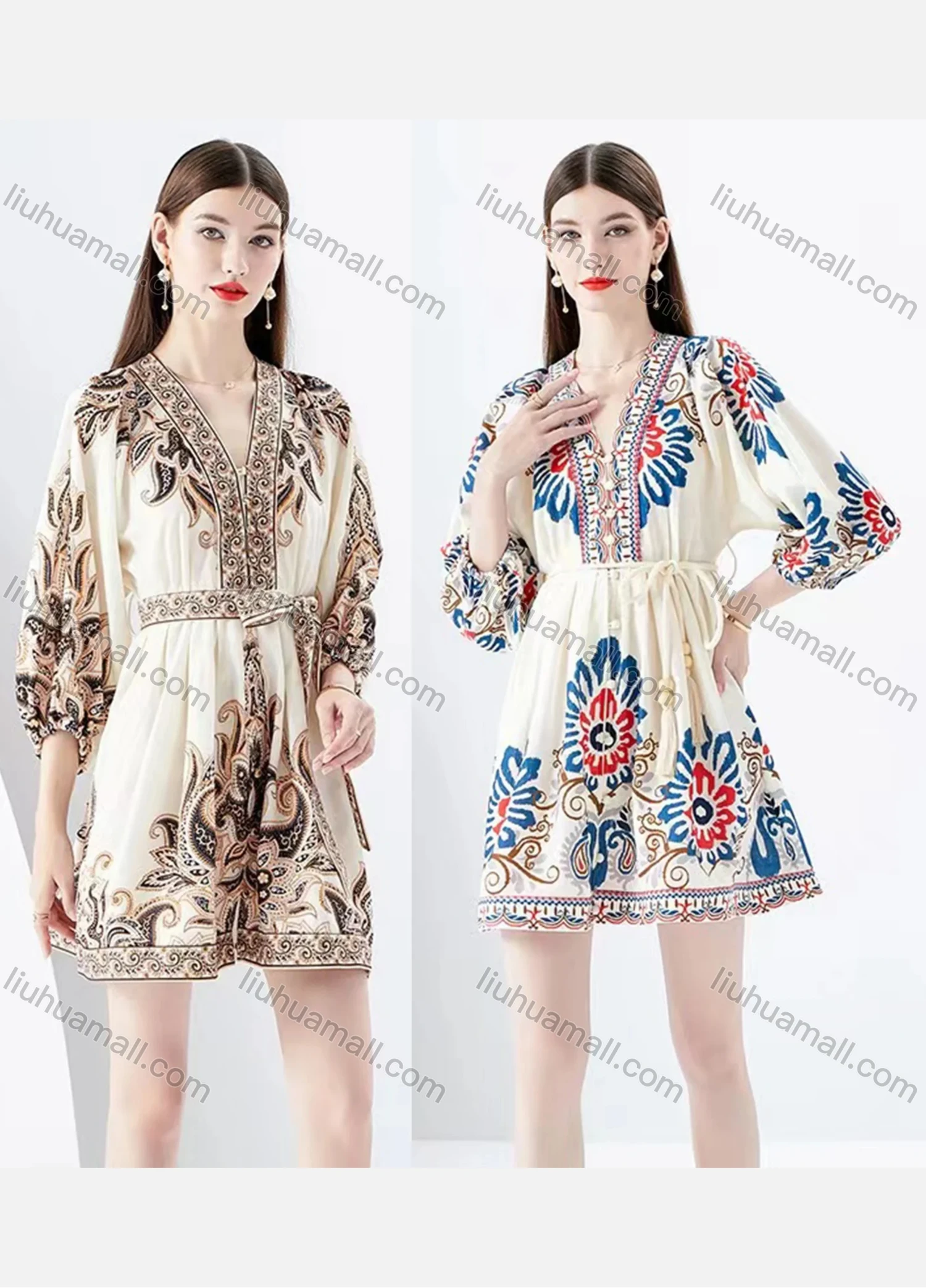 Wholesale Women's Elegant V Neck Embroidery Floral Print High Waist Ruffle Trim 3/4 Sleeve Short Dress With Belt - Liuhuamall