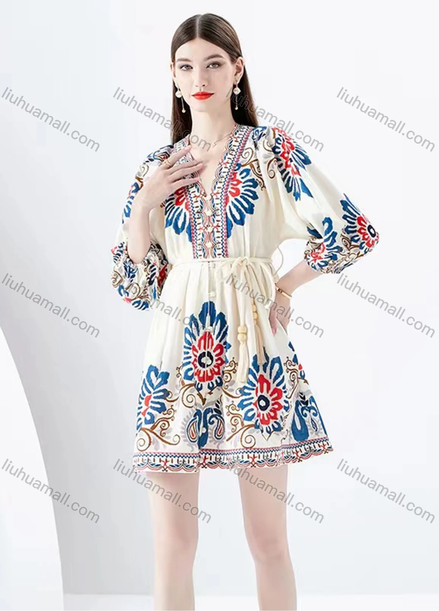 Wholesale Women's Elegant V Neck Embroidery Floral Print High Waist Ruffle Trim 3/4 Sleeve Short Dress With Belt - Liuhuamall