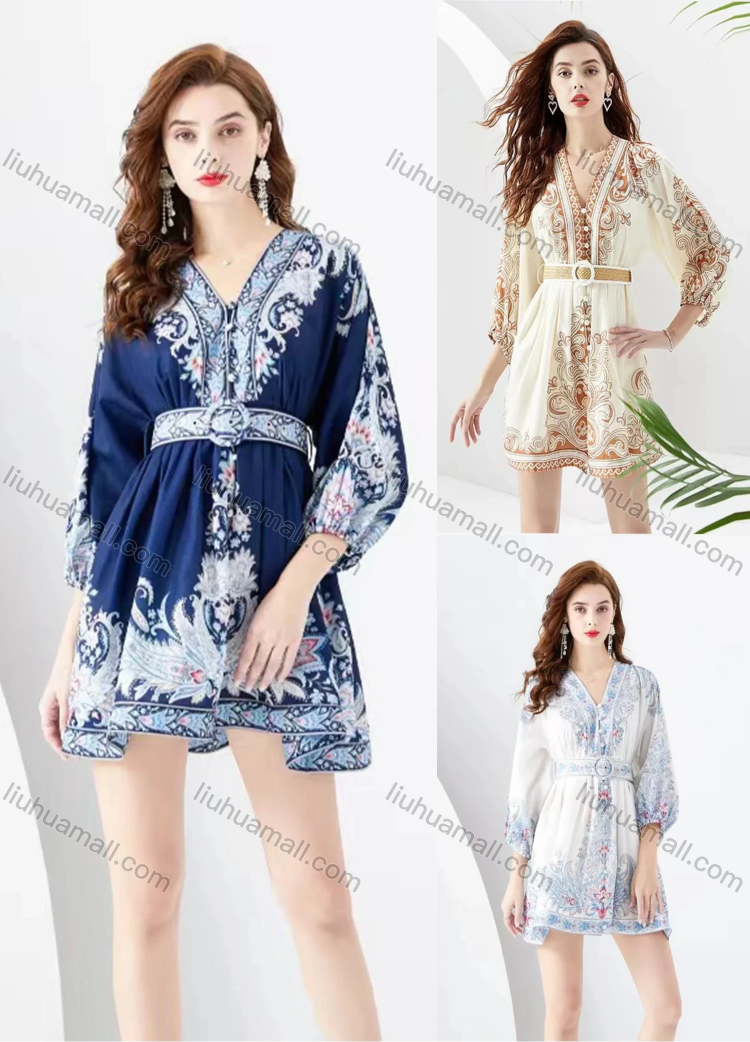 Wholesale Women's Elegant Deep V Neck Embroidery Folk Art Print High Waist 3/4 Sleeve Short Dress - Liuhuamall