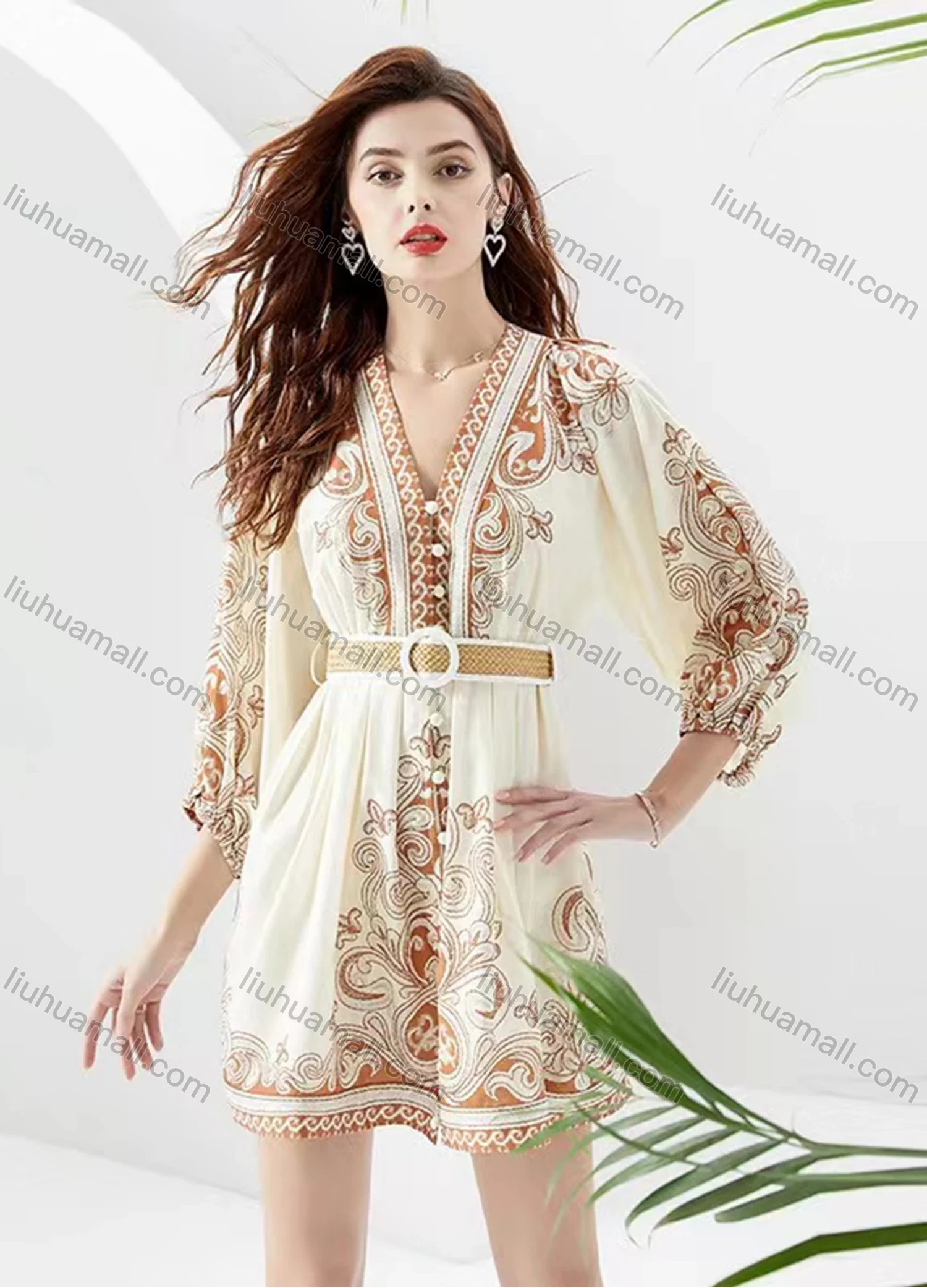 Wholesale Women's Elegant Deep V Neck Embroidery Folk Art Print High Waist 3/4 Sleeve Short Dress - Liuhuamall