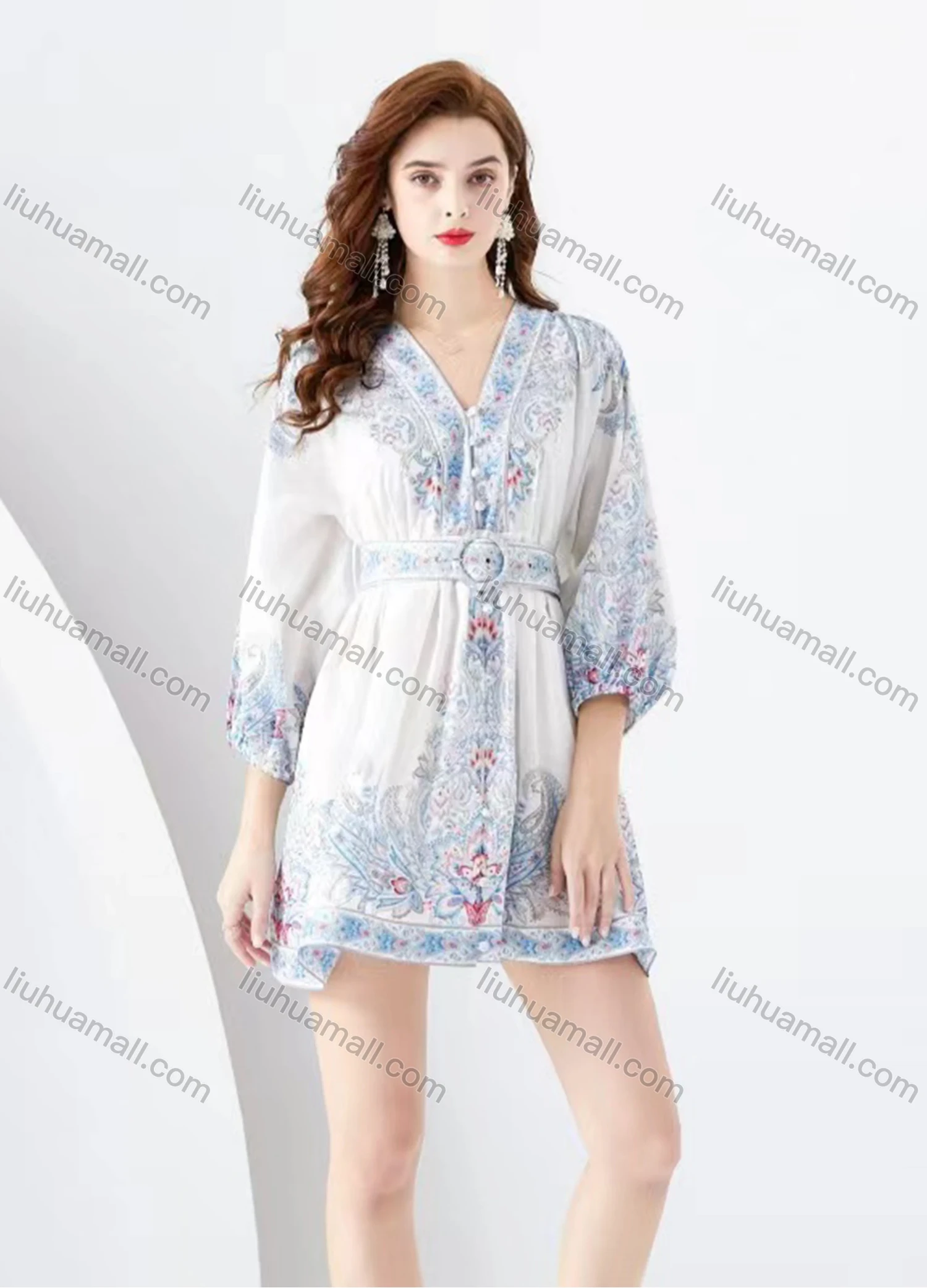 Wholesale Women's Elegant Deep V Neck Embroidery Folk Art Print High Waist 3/4 Sleeve Short Dress - Liuhuamall