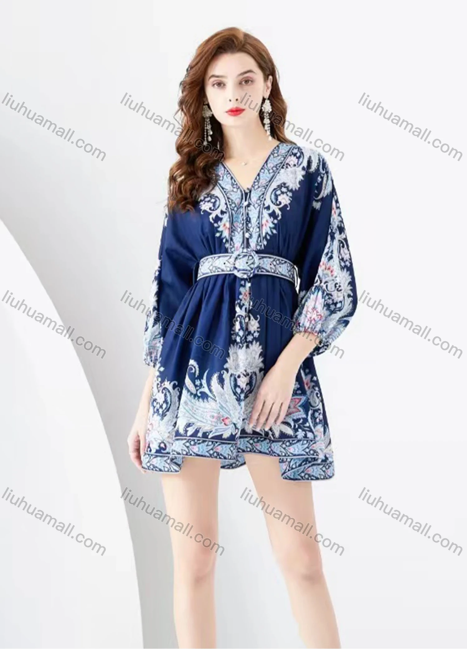 Wholesale Women's Elegant Deep V Neck Embroidery Folk Art Print High Waist 3/4 Sleeve Short Dress - Liuhuamall