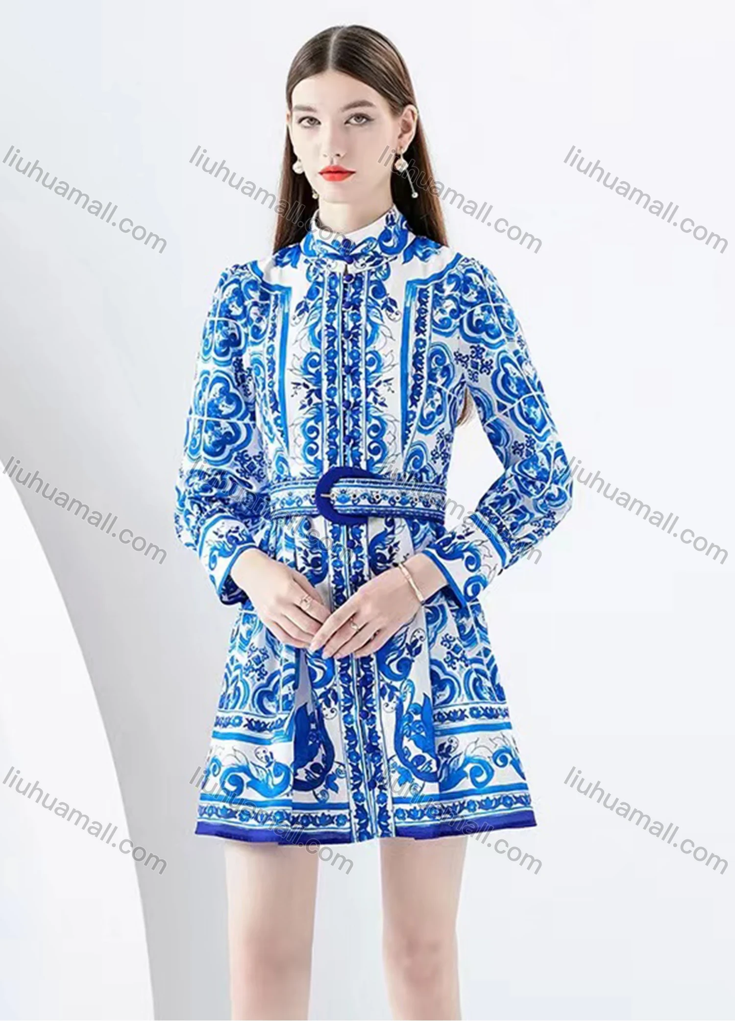 Wholesale Women's Casual Stand Collar Folk Art Print High Waist Long Sleeve Short Shirt Dress With Belt - Liuhuamall