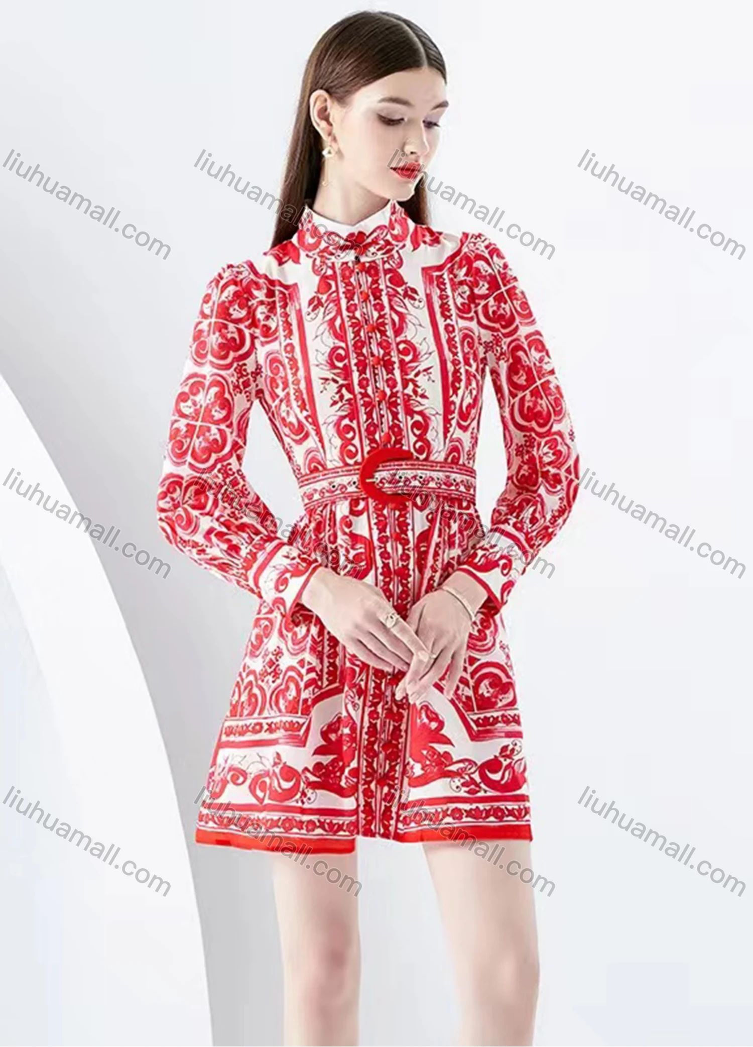 Wholesale Women's Casual Stand Collar Folk Art Print High Waist Long Sleeve Short Shirt Dress With Belt - Liuhuamall