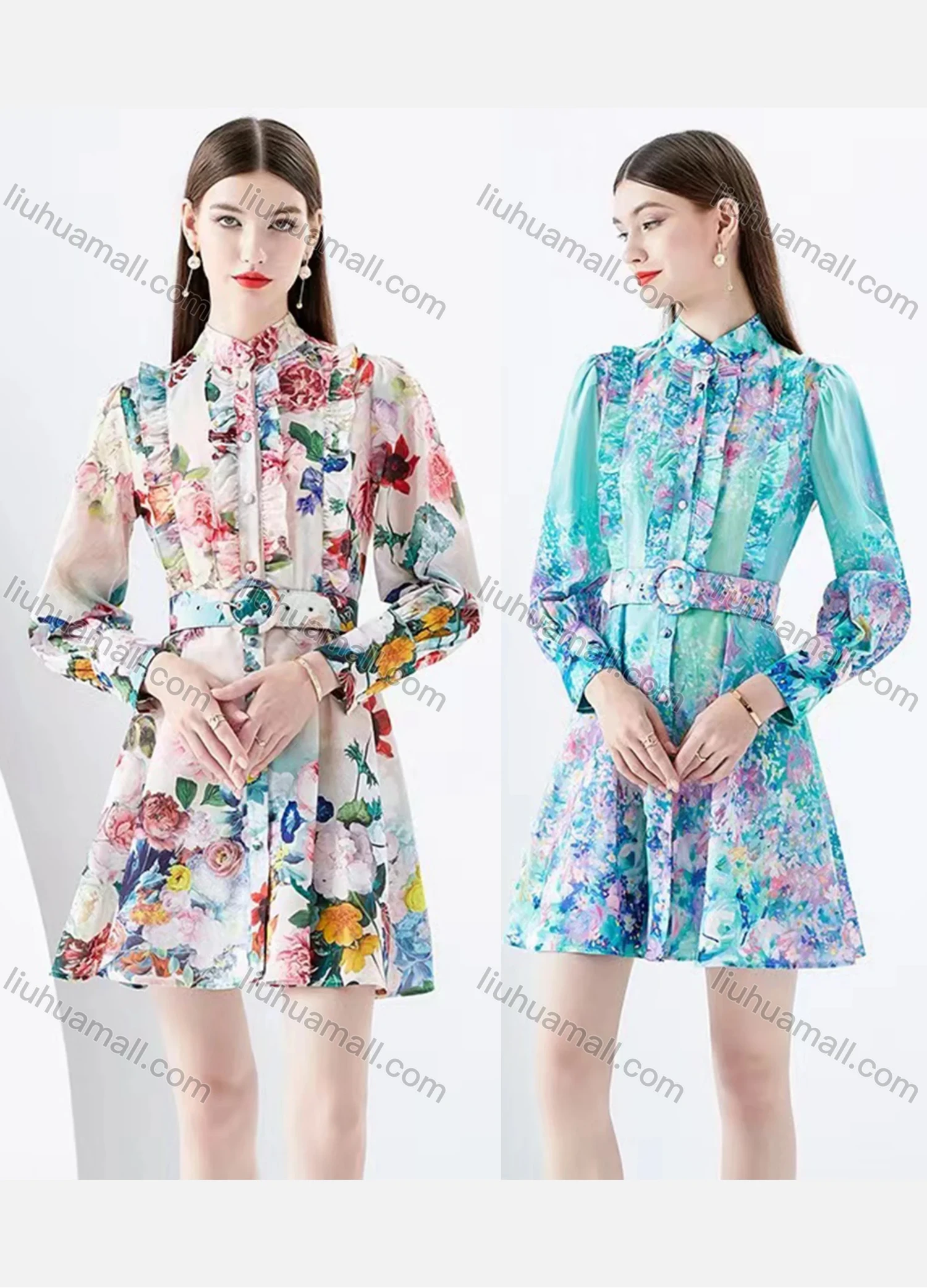 Wholesale Women's Casual Stand Collar High Waist Floral Print Long Sleeve Short Shirt Dress With Belt - Liuhuamall