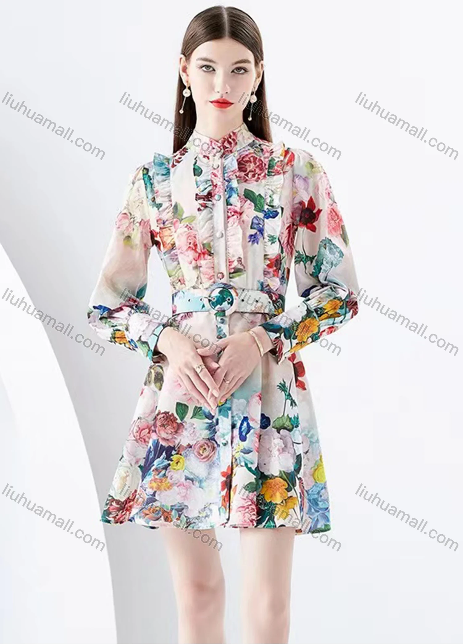 Wholesale Women's Casual Stand Collar High Waist Floral Print Long Sleeve Short Shirt Dress With Belt - Liuhuamall