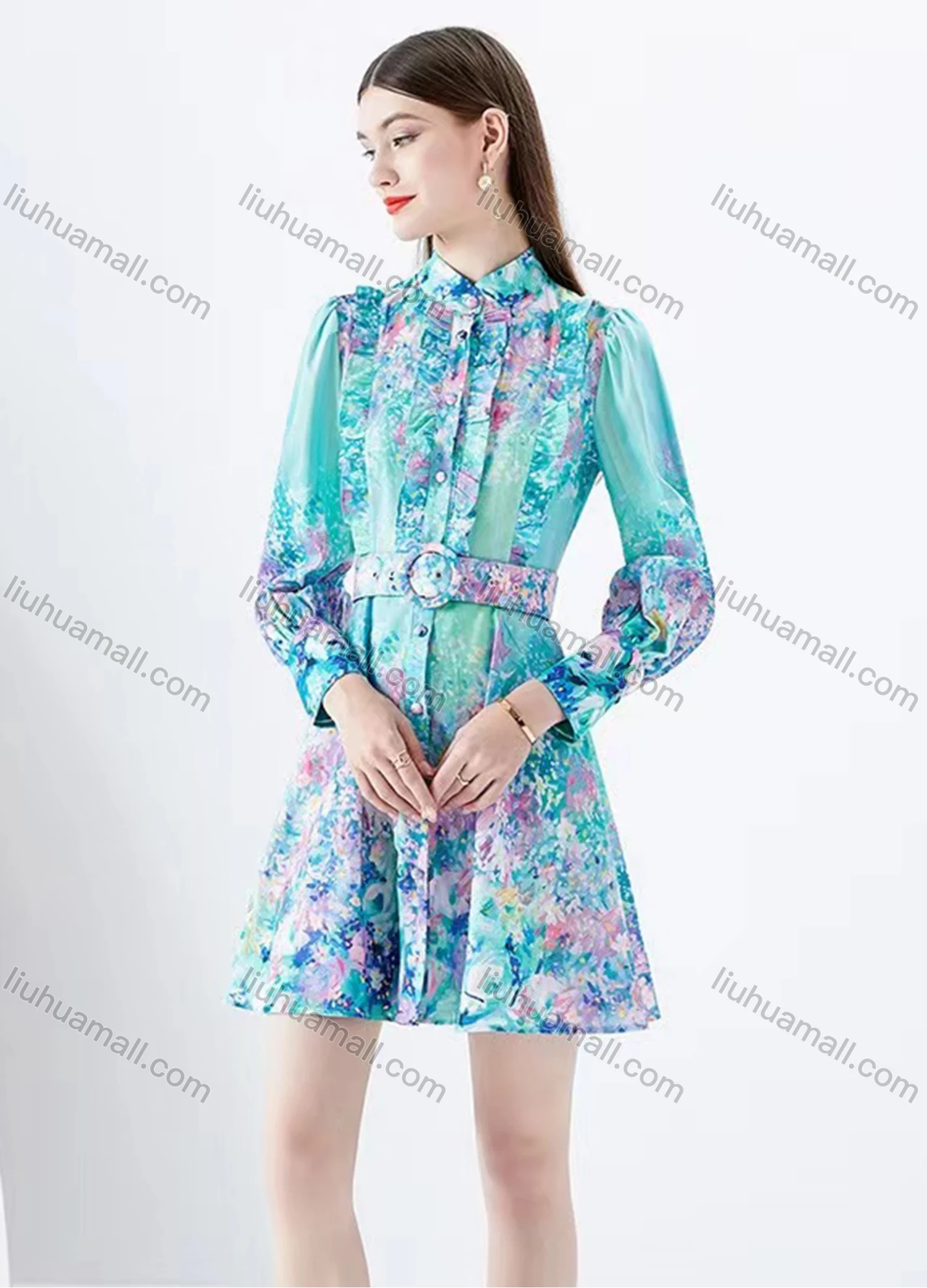 Wholesale Women's Casual Stand Collar High Waist Floral Print Long Sleeve Short Shirt Dress With Belt - Liuhuamall