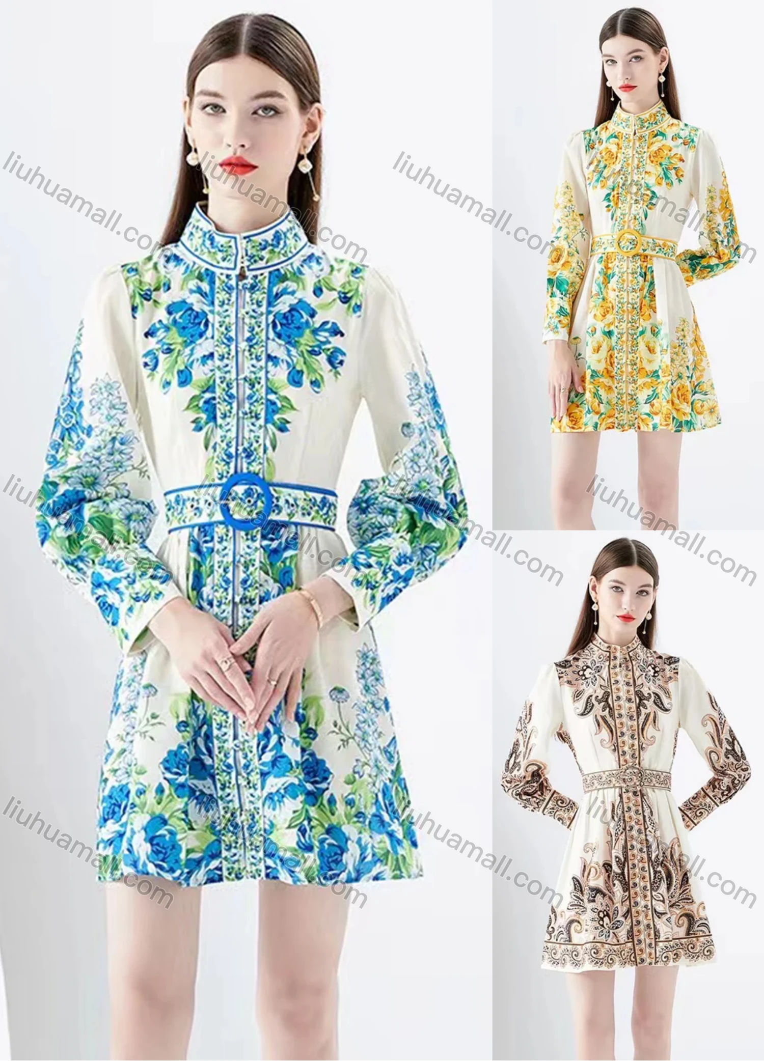 Wholesale Women's Elegant Stand Collar High Waist Folk Art Print Long Sleeve Short Shirt Dress With Belt - Liuhuamall