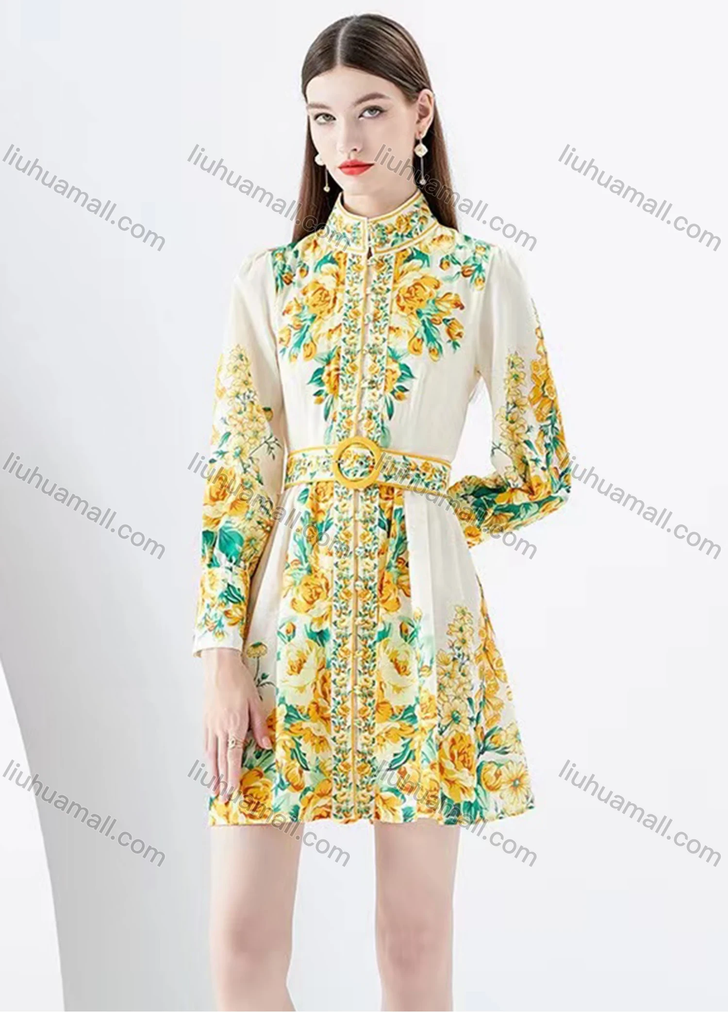 Wholesale Women's Elegant Stand Collar High Waist Folk Art Print Long Sleeve Short Shirt Dress With Belt - Liuhuamall