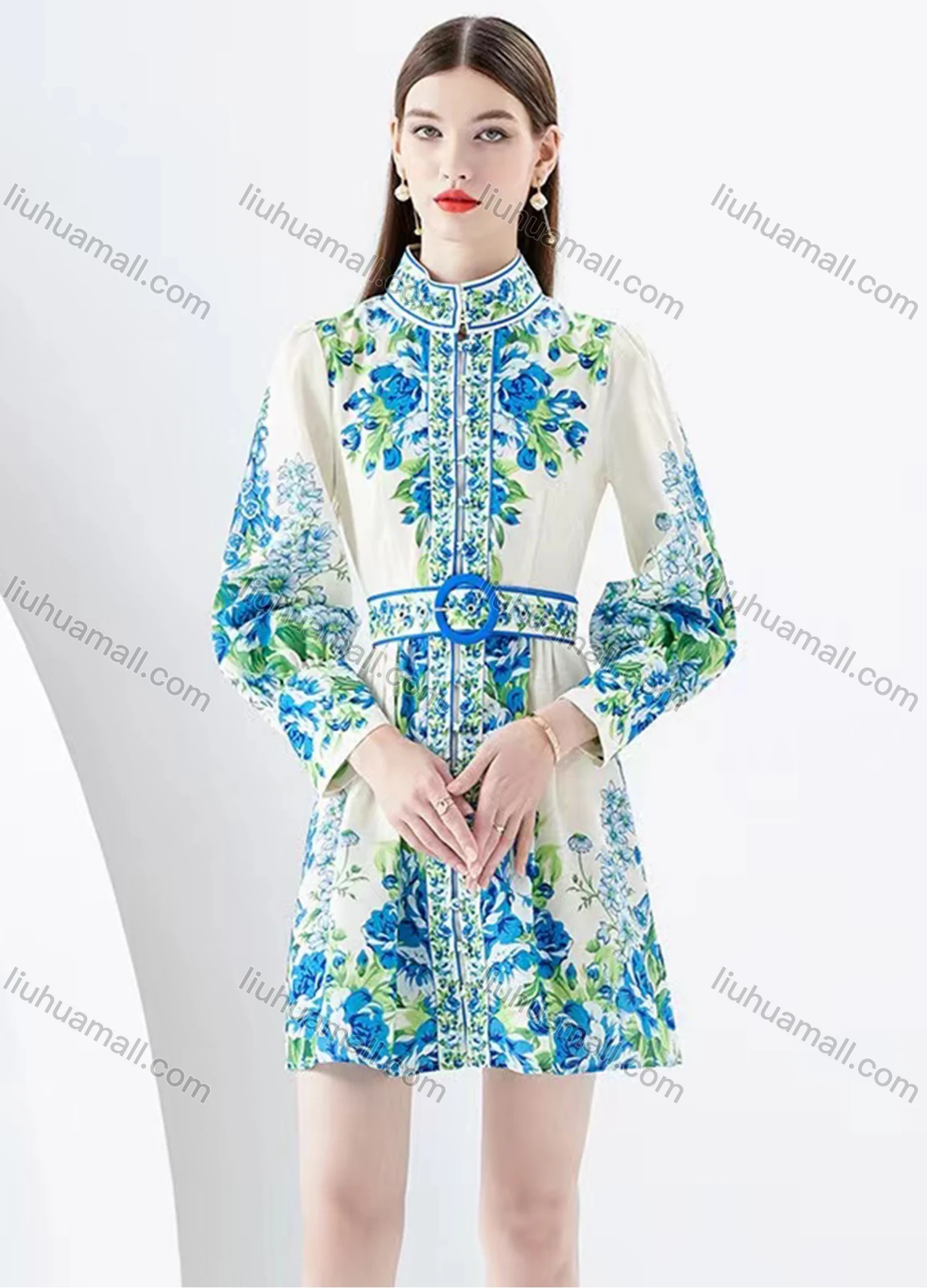 Wholesale Women's Elegant Stand Collar High Waist Folk Art Print Long Sleeve Short Shirt Dress With Belt - Liuhuamall