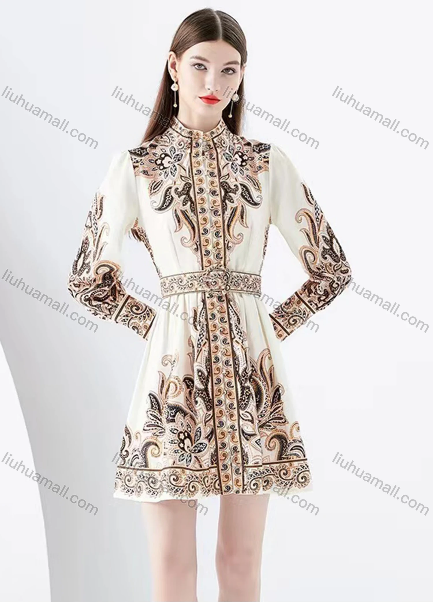 Wholesale Women's Elegant Stand Collar High Waist Folk Art Print Long Sleeve Short Shirt Dress With Belt - Liuhuamall