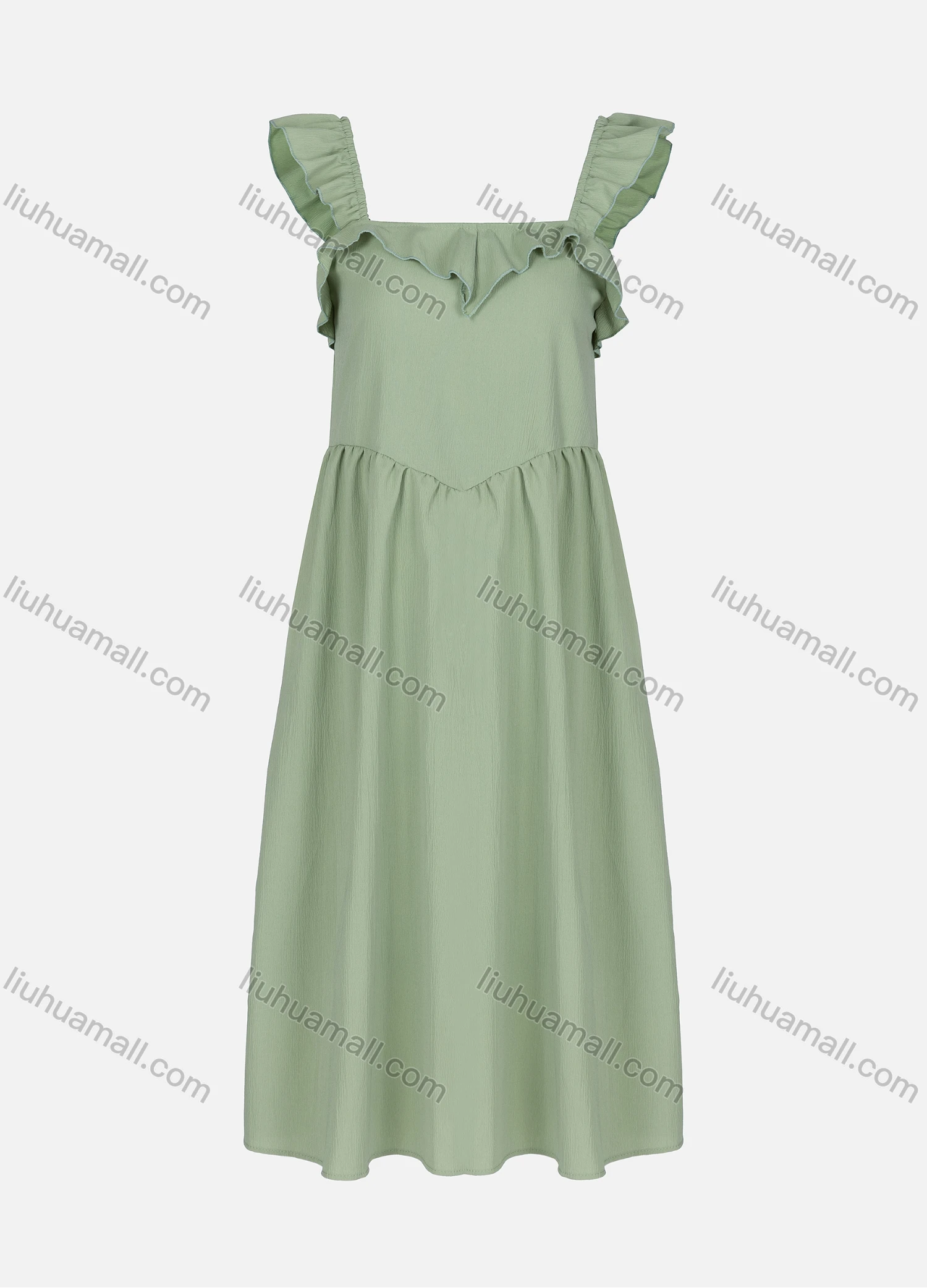 Wholesale Women's Casual Plain Ruched Ruffle Trim Square Neck Sleeveless Midi Dress 2331# - Liuhuamall