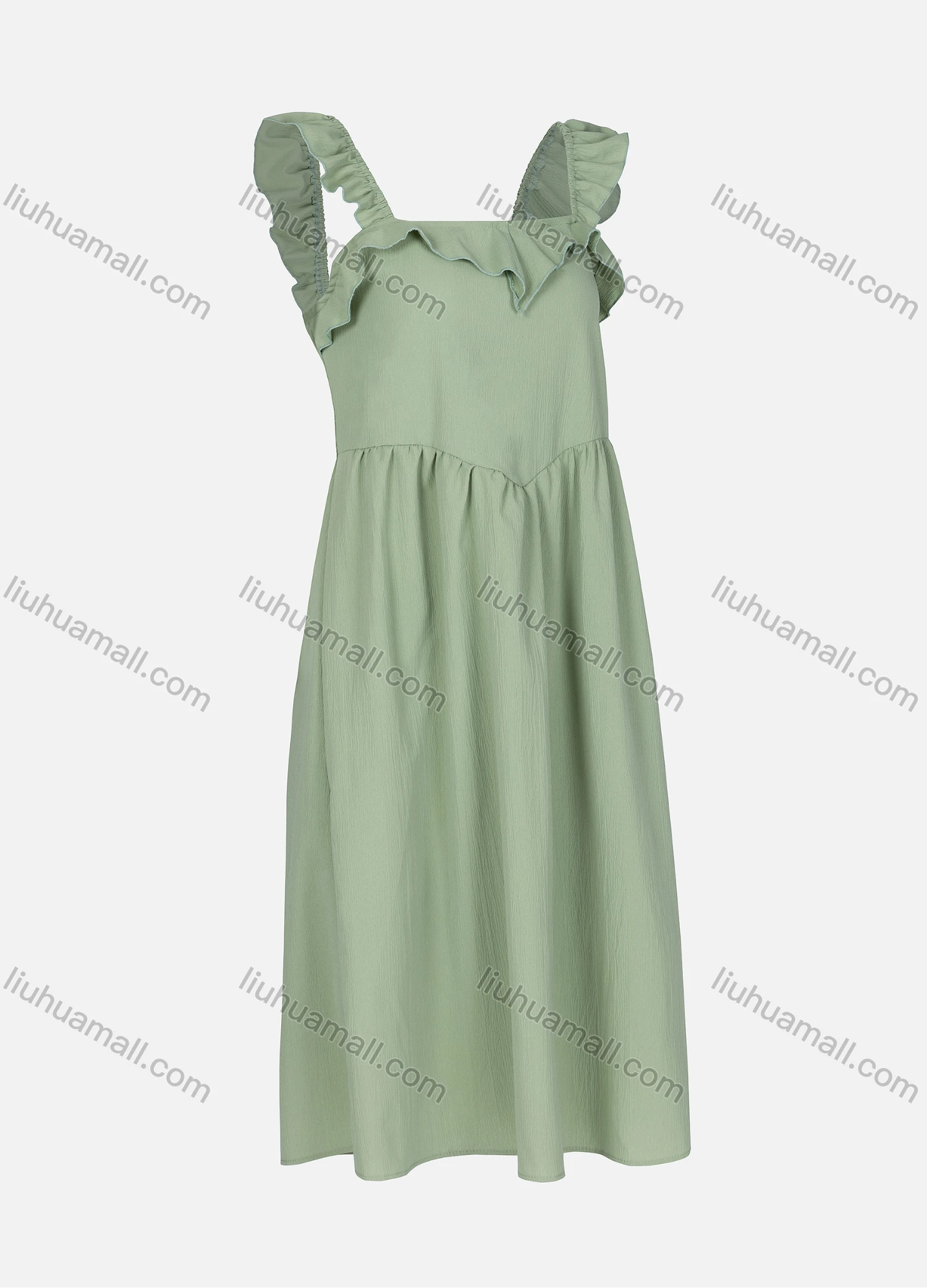 Wholesale Women's Casual Plain Ruched Ruffle Trim Square Neck Sleeveless Midi Dress 2331# - Liuhuamall