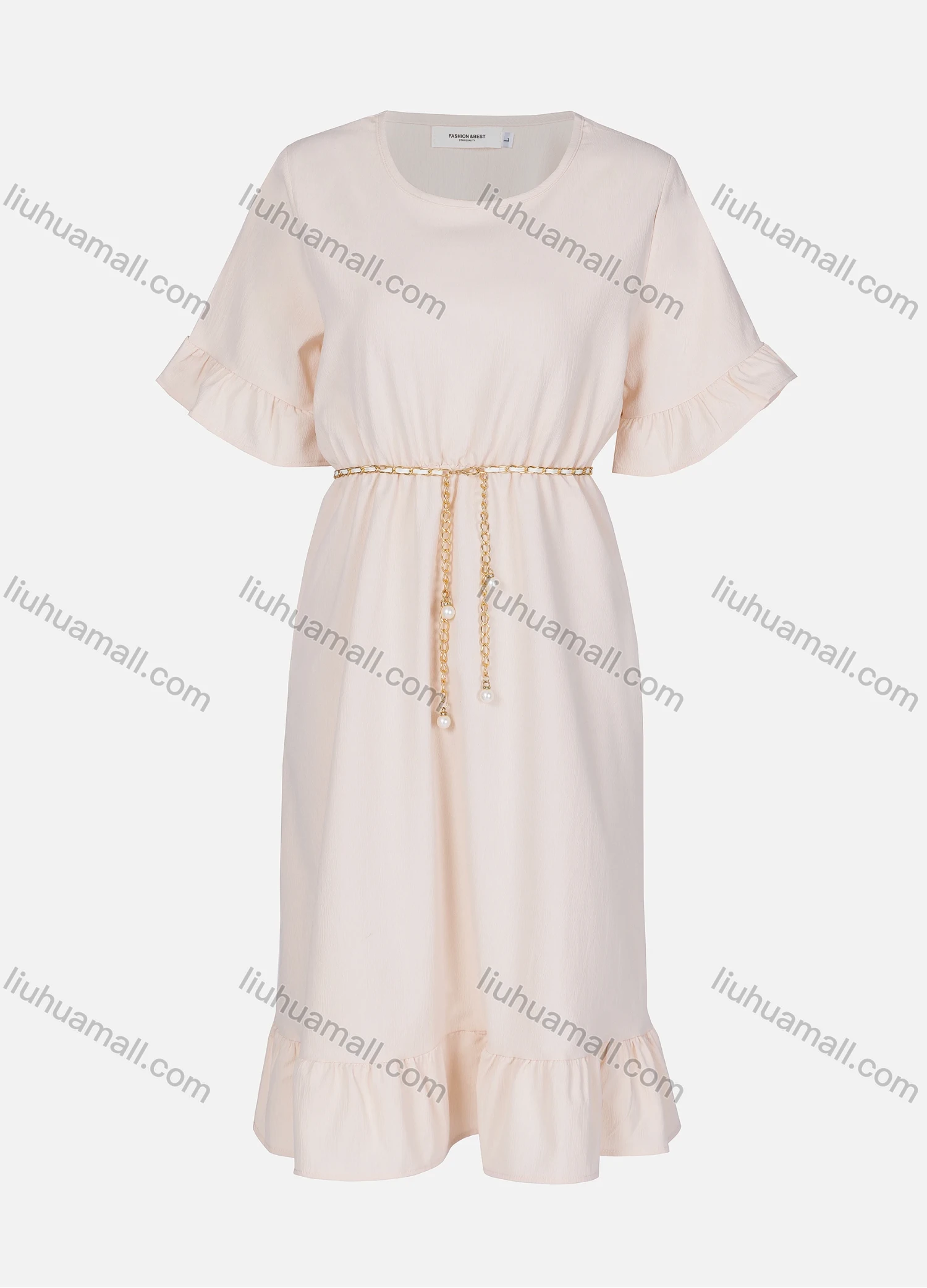 Wholesale Women's Casual Plain Ruffle Trim Hem Crew Neck Midi Dress With Pearl Belt 2336# - Liuhuamall