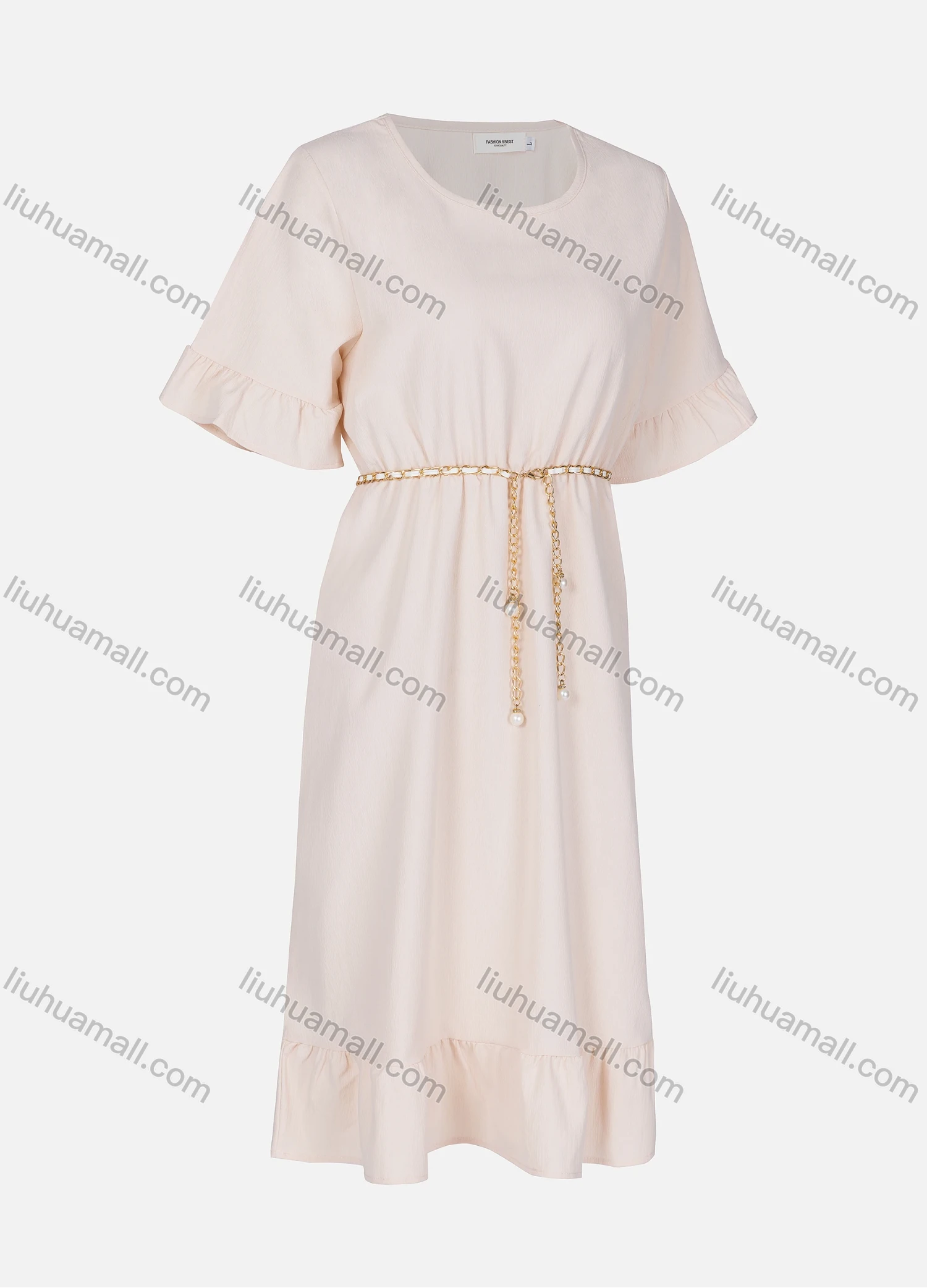 Wholesale Women's Casual Plain Ruffle Trim Hem Crew Neck Midi Dress With Pearl Belt 2336# - Liuhuamall