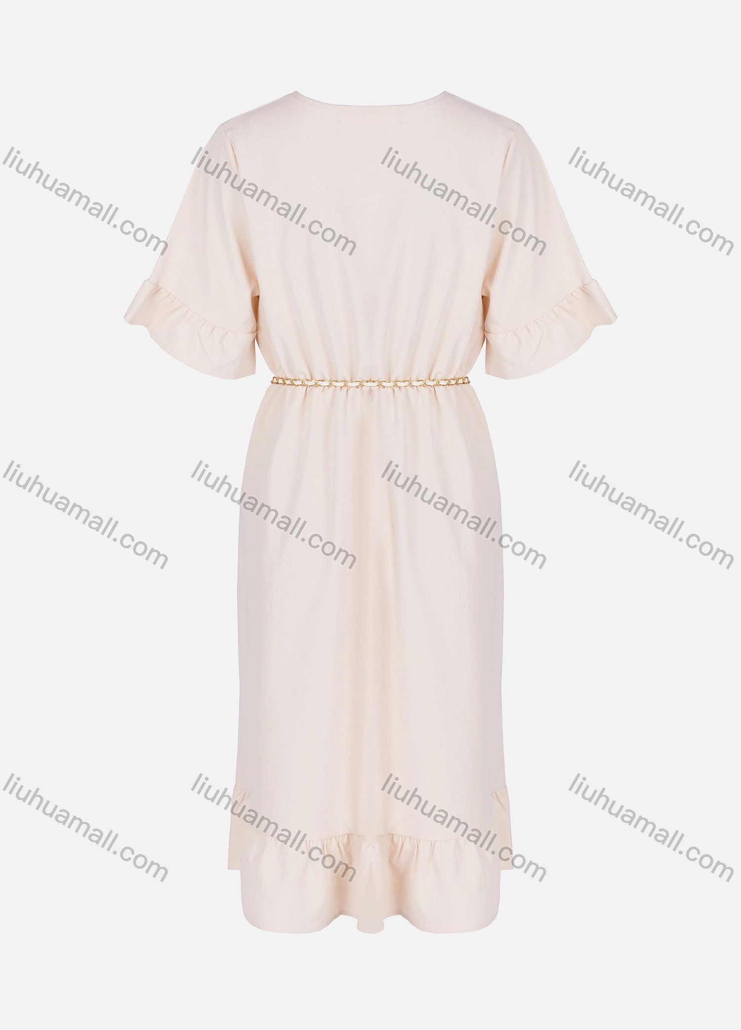 Wholesale Women's Casual Plain Ruffle Trim Hem Crew Neck Midi Dress With Pearl Belt 2336# - Liuhuamall