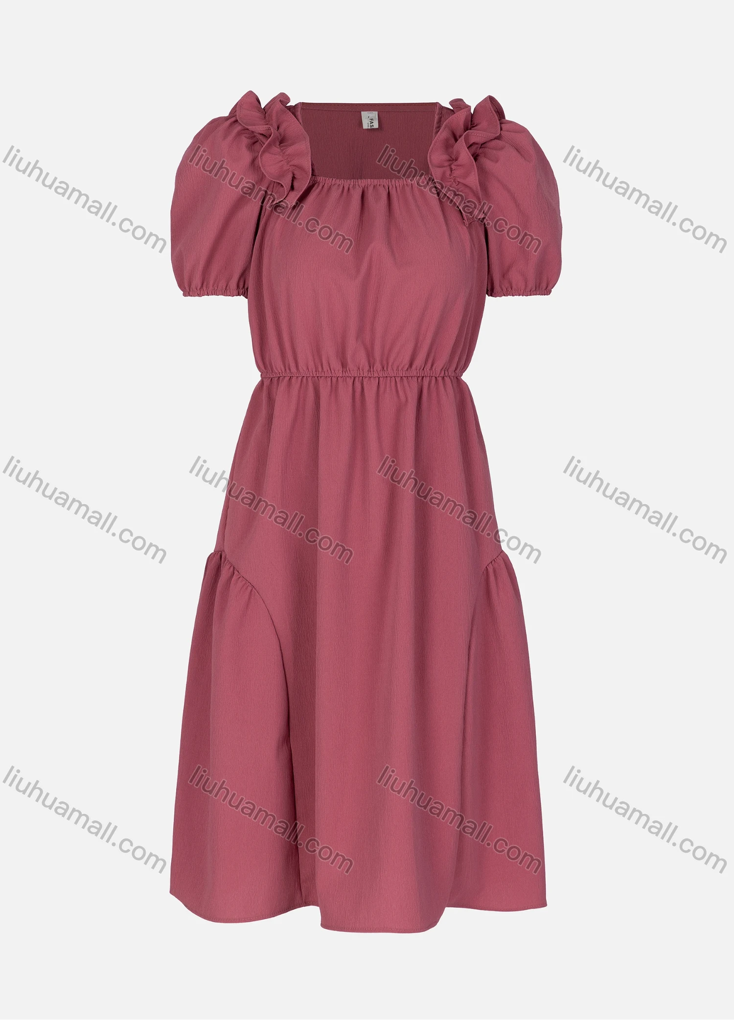 Wholesale Women's Casual Plain Ruffle Trim Ruched Square Neck Short Sleeve Midi Dress 2332# - Liuhuamall