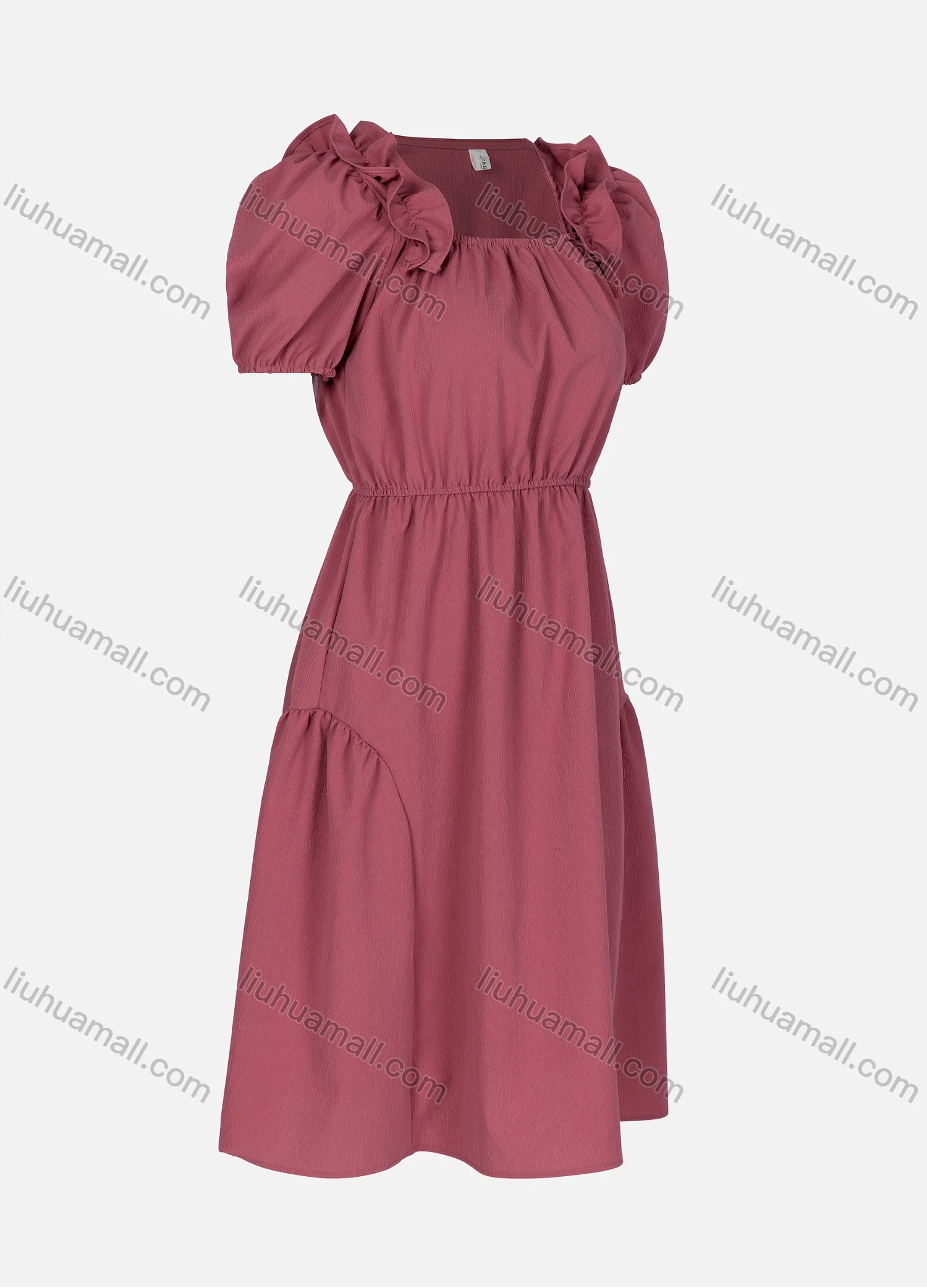Wholesale Women's Casual Plain Ruffle Trim Ruched Square Neck Short Sleeve Midi Dress 2332# - Liuhuamall