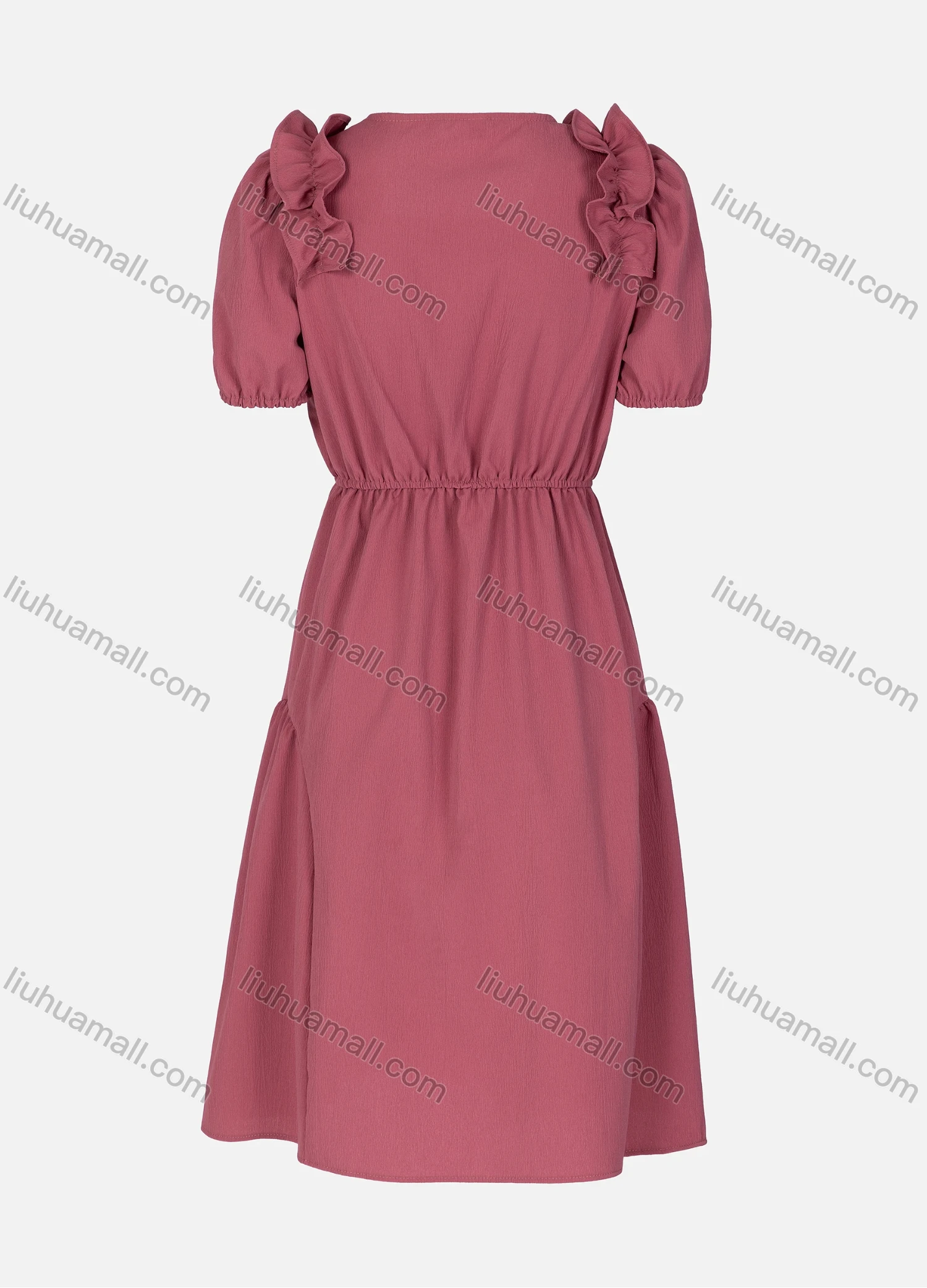 Wholesale Women's Casual Plain Ruffle Trim Ruched Square Neck Short Sleeve Midi Dress 2332# - Liuhuamall