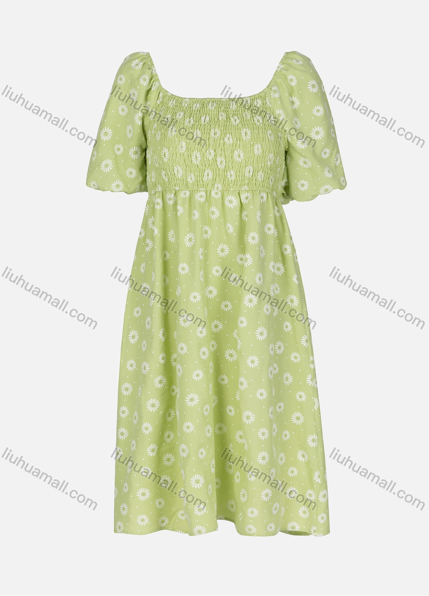 Wholesale Women's Casual Allover Floral Print Pin Dot Shirred Square Neck Short Sleeve Midi Dress - Liuhuamall