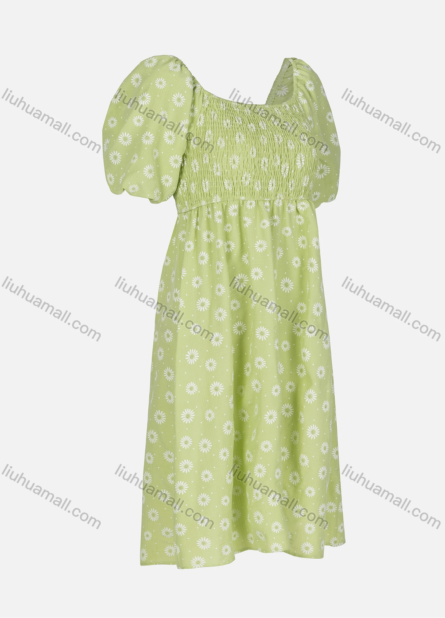 Wholesale Women's Casual Allover Floral Print Pin Dot Shirred Square Neck Short Sleeve Midi Dress - Liuhuamall