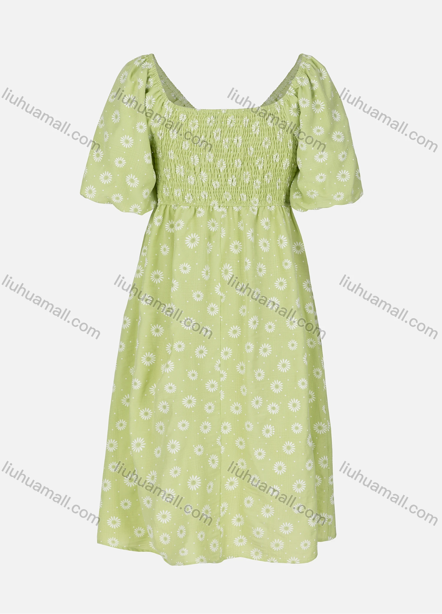 Wholesale Women's Casual Allover Floral Print Pin Dot Shirred Square Neck Short Sleeve Midi Dress - Liuhuamall