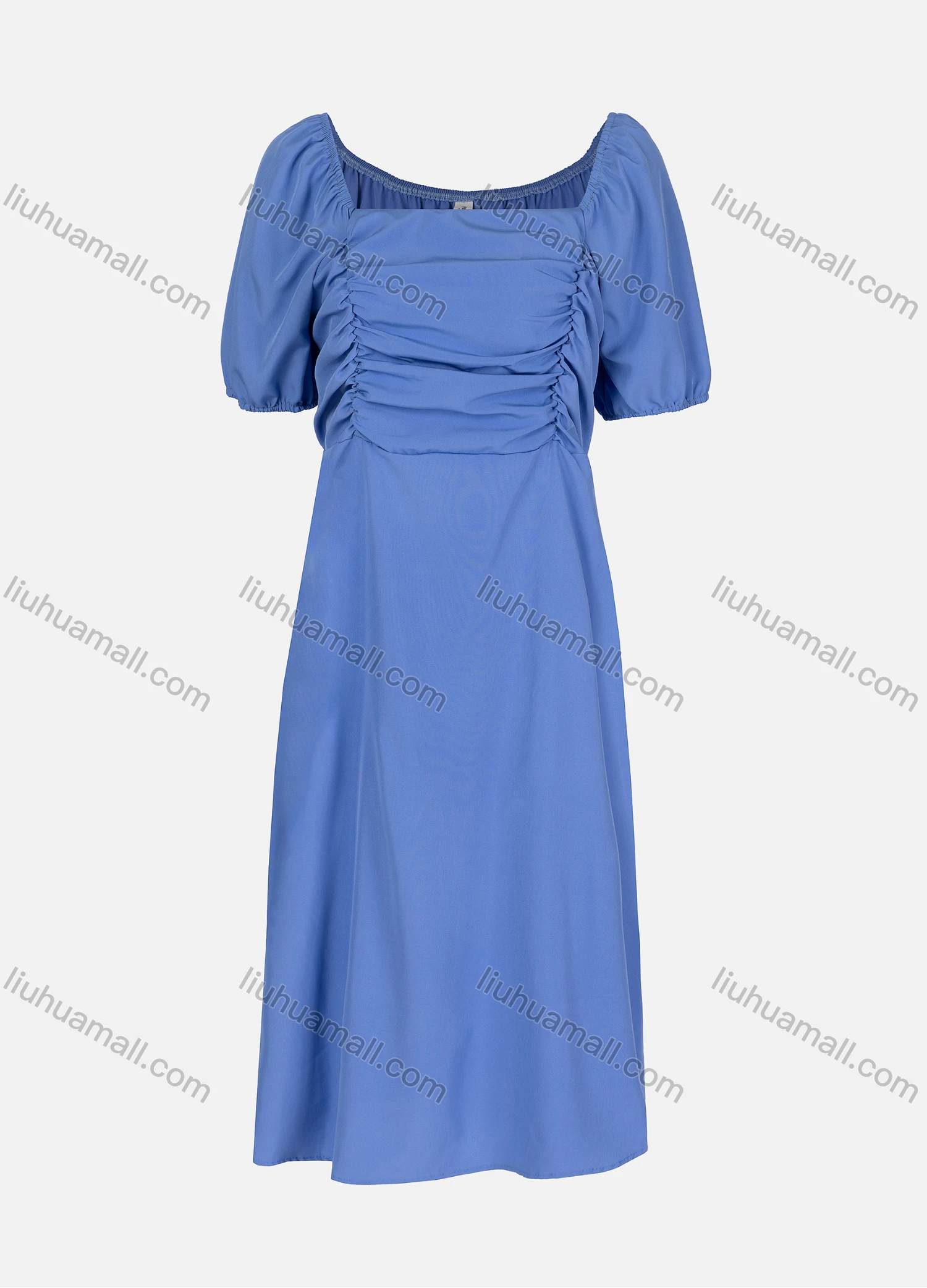 Wholesale Women's Casual Plain Ruched Square Neck Short Sleeve Midi Dress 0213# - Liuhuamall