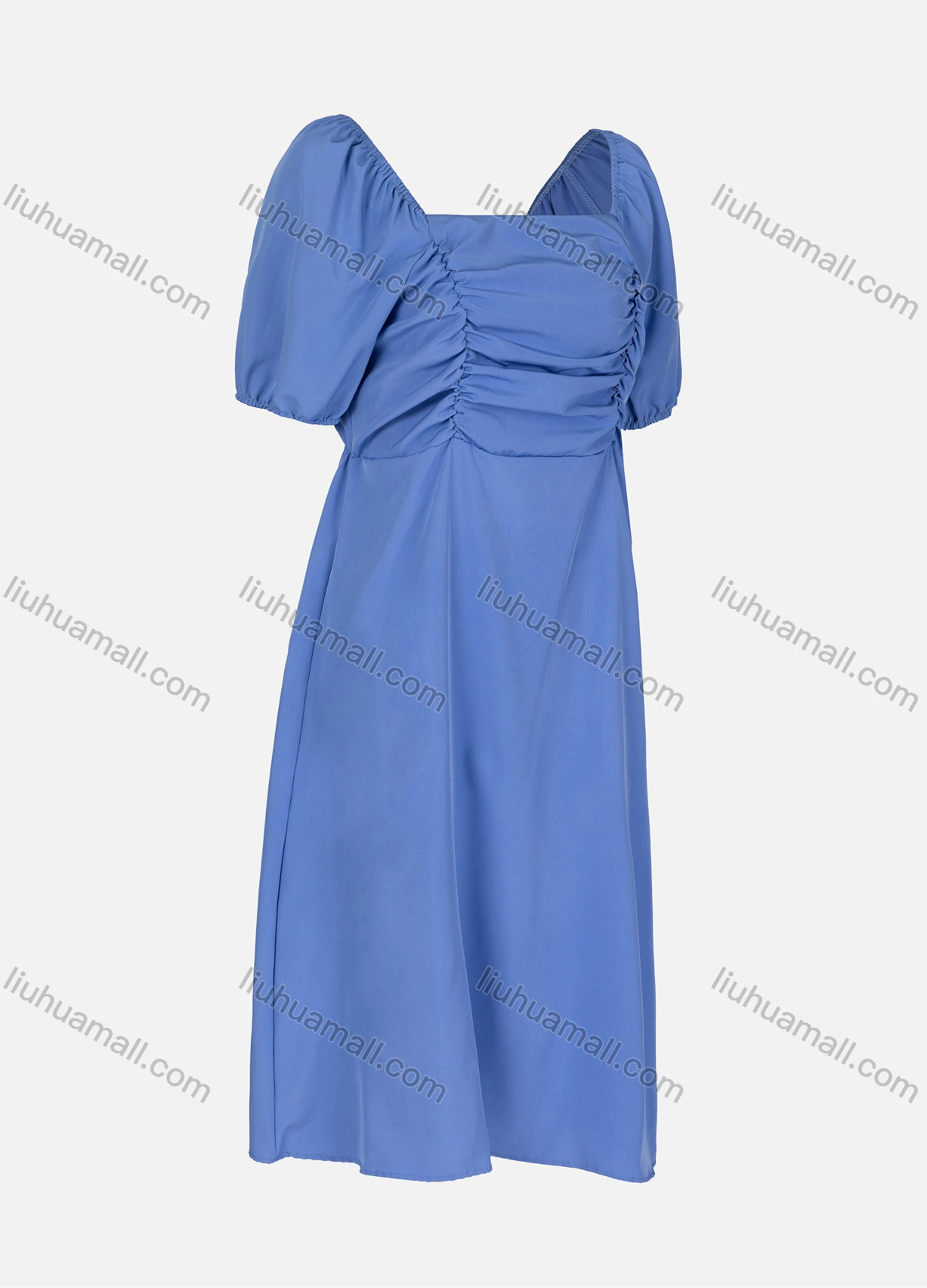 Wholesale Women's Casual Plain Ruched Square Neck Short Sleeve Midi Dress 0213# - Liuhuamall