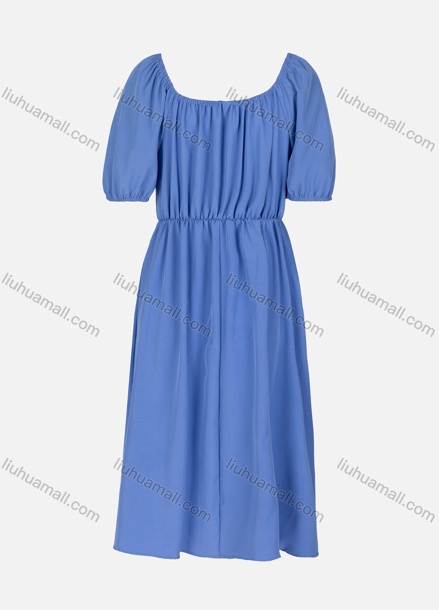 Wholesale Women's Casual Plain Ruched Square Neck Short Sleeve Midi Dress 0213# - Liuhuamall