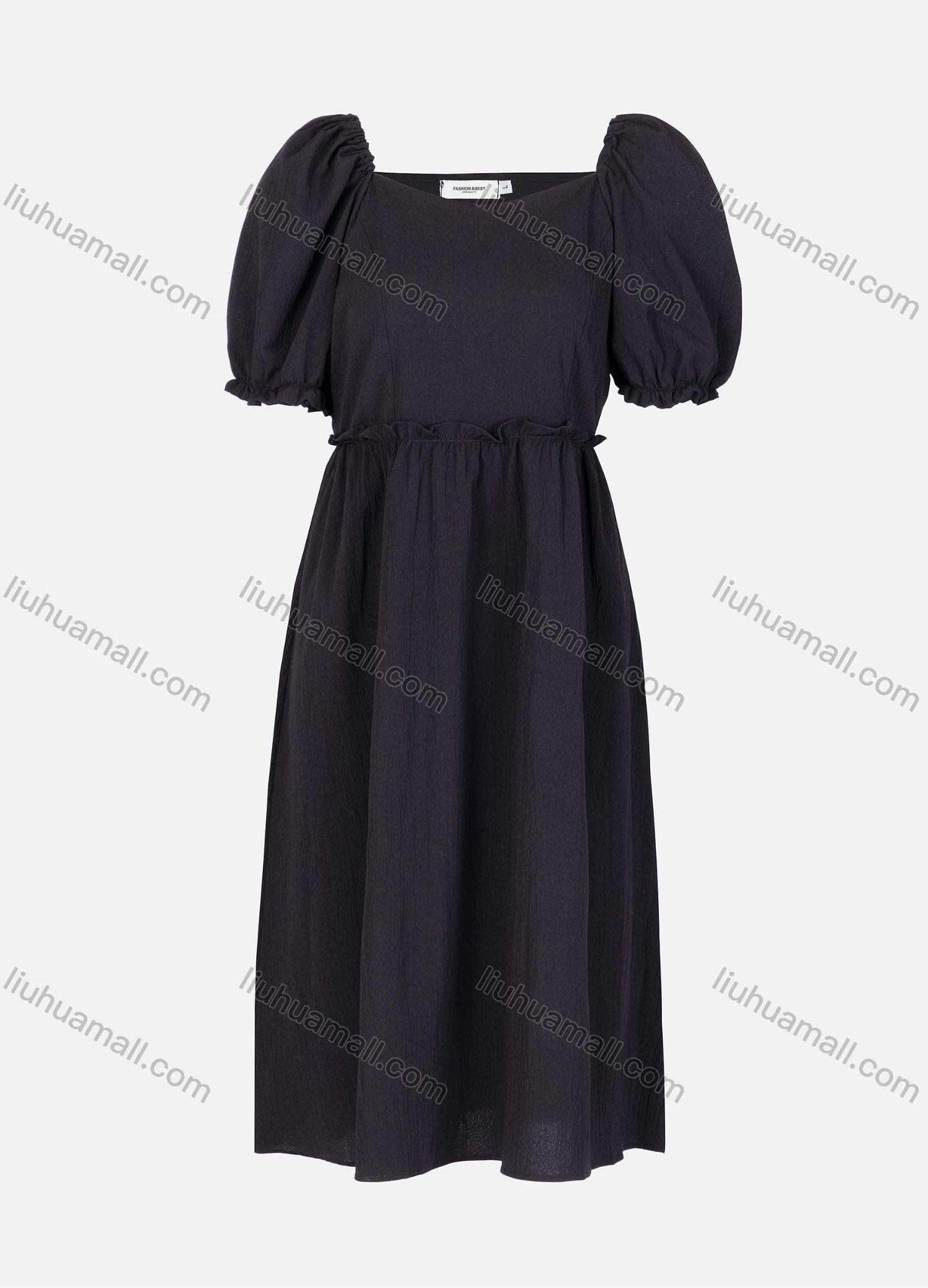 Wholesale Women's Casual Plain Ruched Ruffle Trim Square Neck Short Sleeve Midi Dress 2337# - Liuhuamall