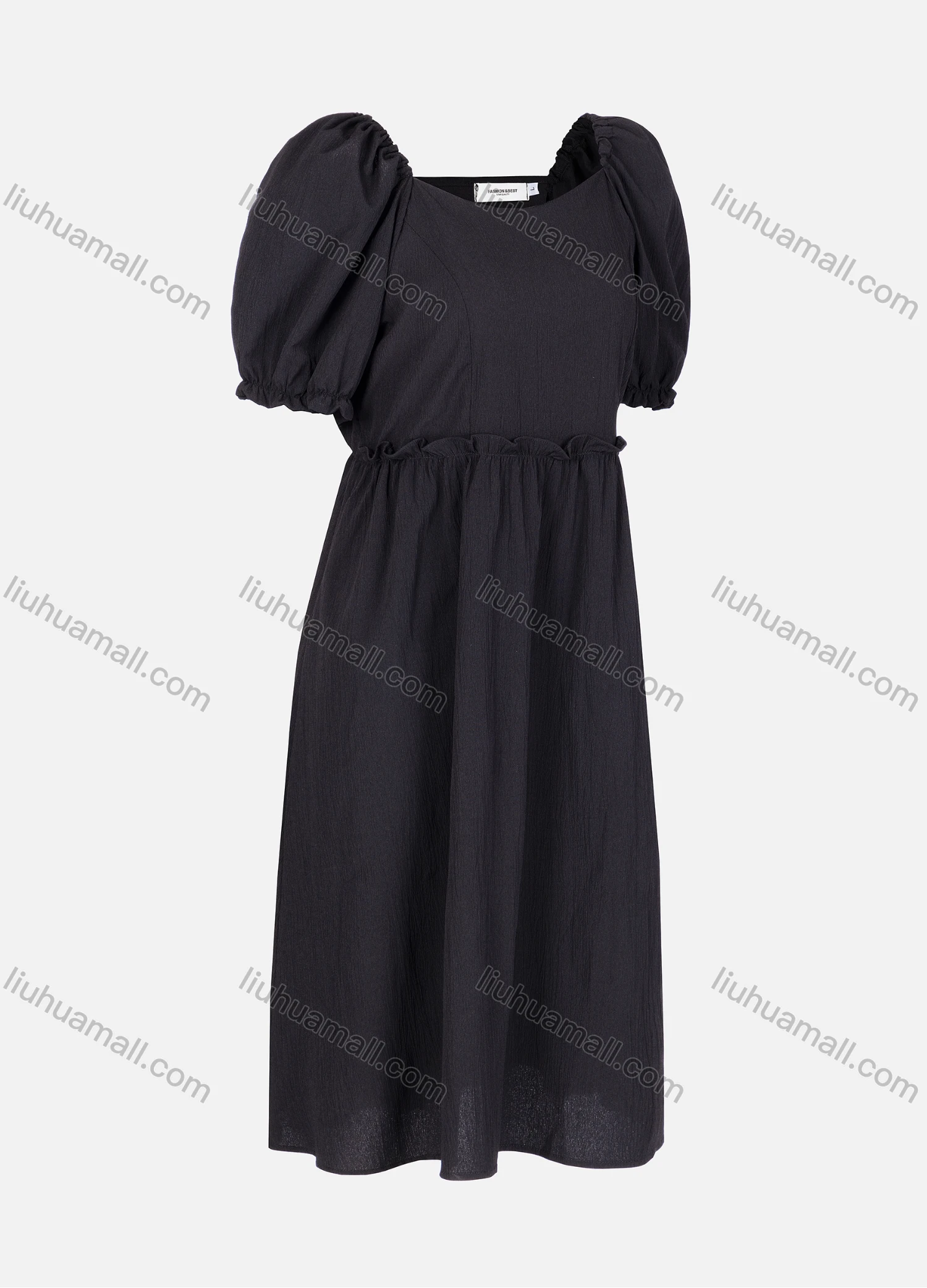 Wholesale Women's Casual Plain Ruched Ruffle Trim Square Neck Short Sleeve Midi Dress 2337# - Liuhuamall