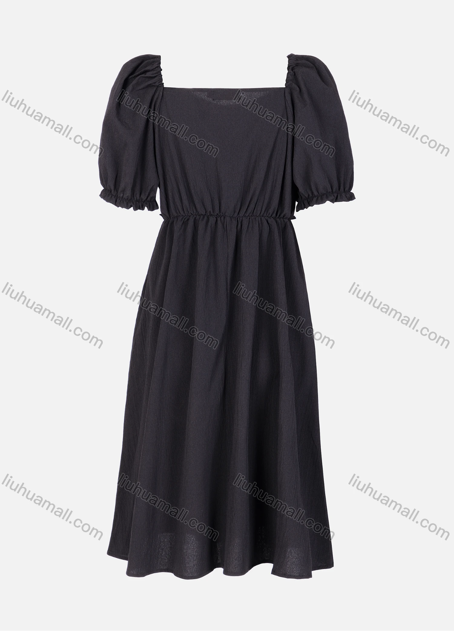 Wholesale Women's Casual Plain Ruched Ruffle Trim Square Neck Short Sleeve Midi Dress 2337# - Liuhuamall