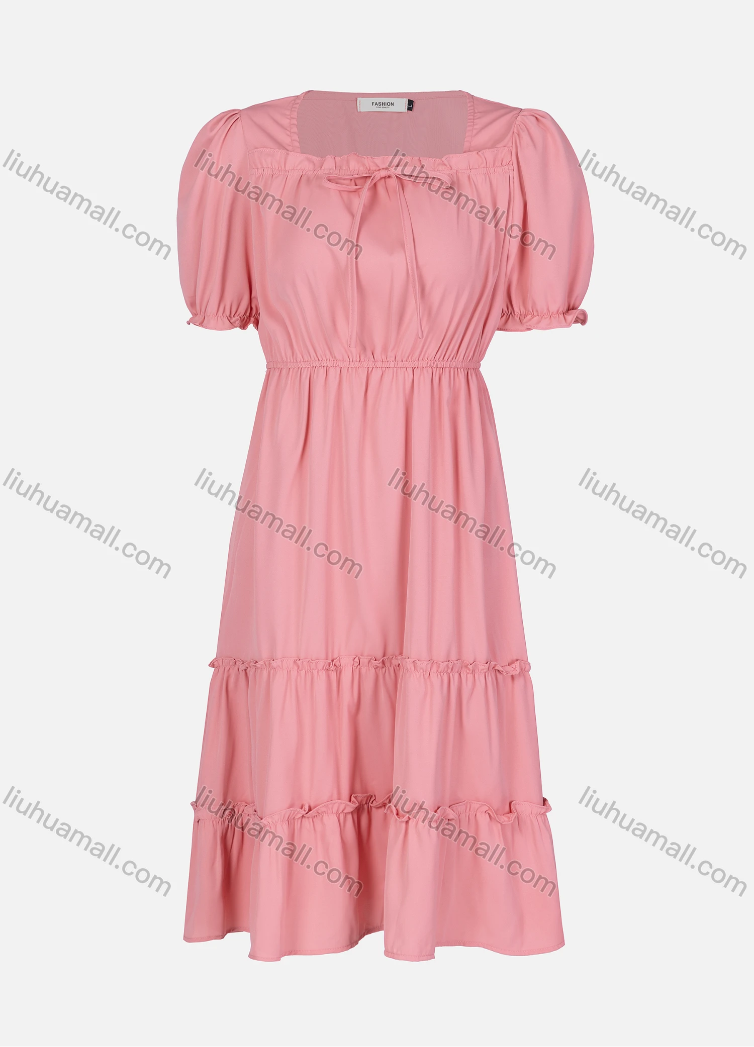 Wholesale Women's Casual Plain Ruched Ruffle Trim Hem Tie Front Short Sleeve Midi Dress 2328# - Liuhuamall
