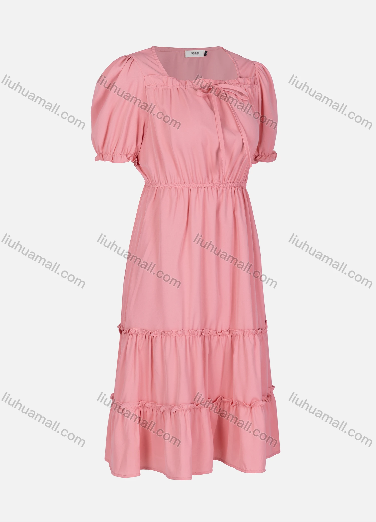 Wholesale Women's Casual Plain Ruched Ruffle Trim Hem Tie Front Short Sleeve Midi Dress 2328# - Liuhuamall