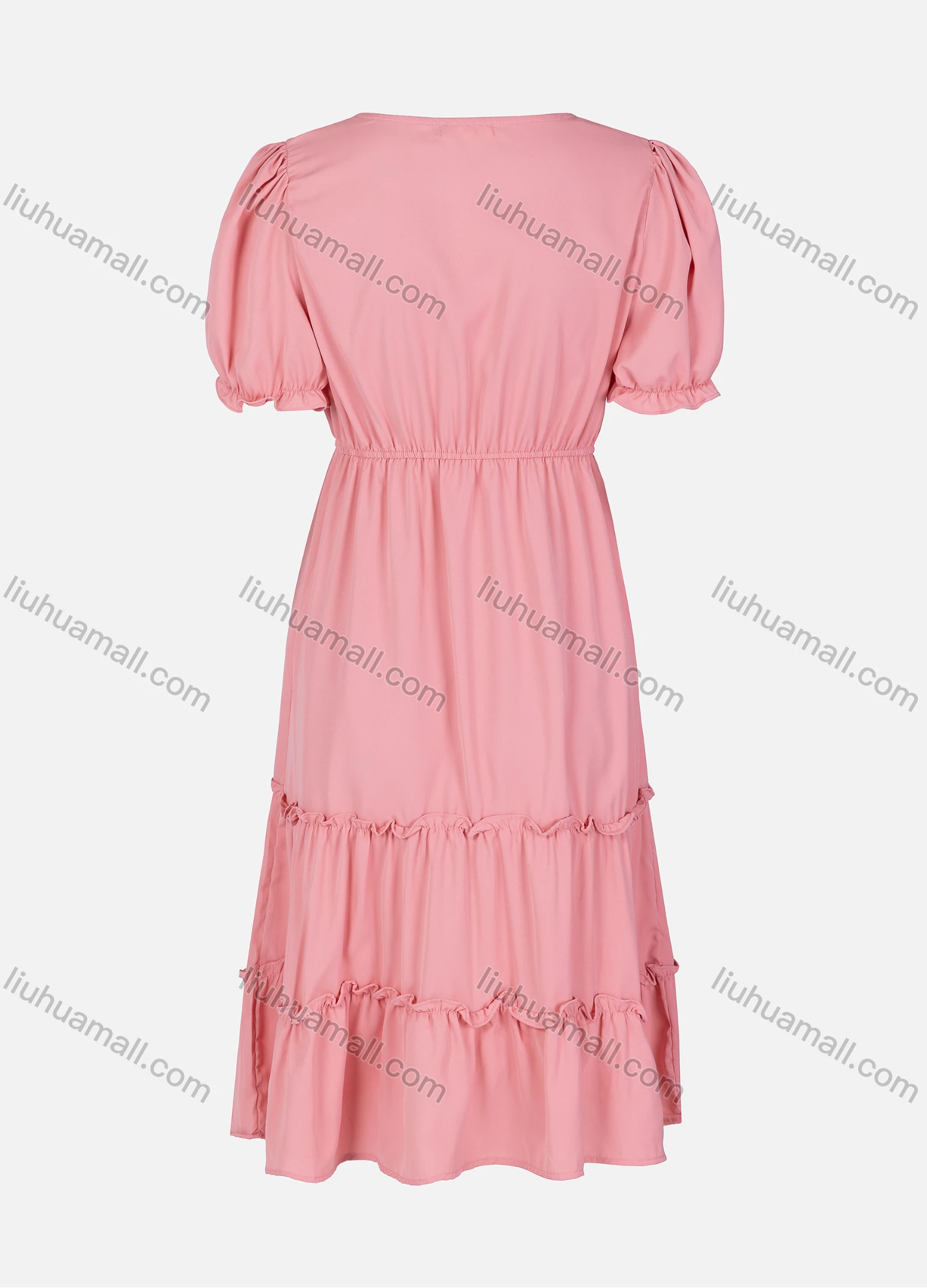 Wholesale Women's Casual Plain Ruched Ruffle Trim Hem Tie Front Short Sleeve Midi Dress 2328# - Liuhuamall