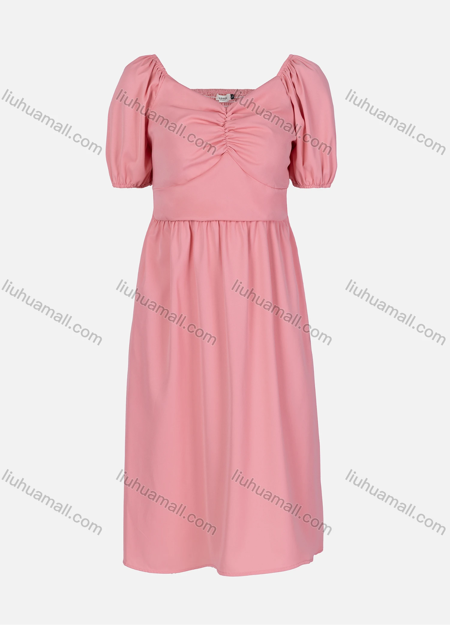 Wholesale Women's Casual Plain Ruched Shirred V Neck Short Sleeve Midi Dress 2326# - Liuhuamall