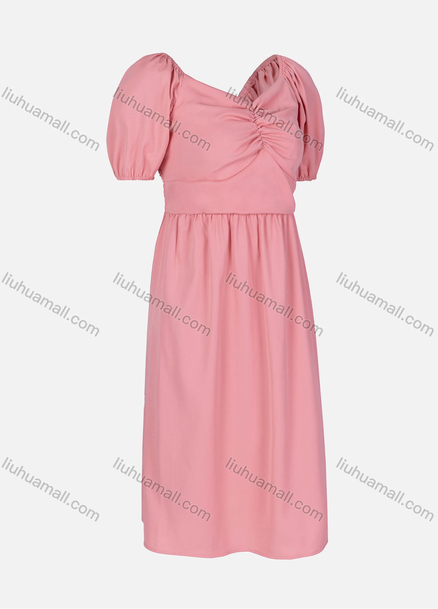 Wholesale Women's Casual Plain Ruched Shirred V Neck Short Sleeve Midi Dress 2326# - Liuhuamall